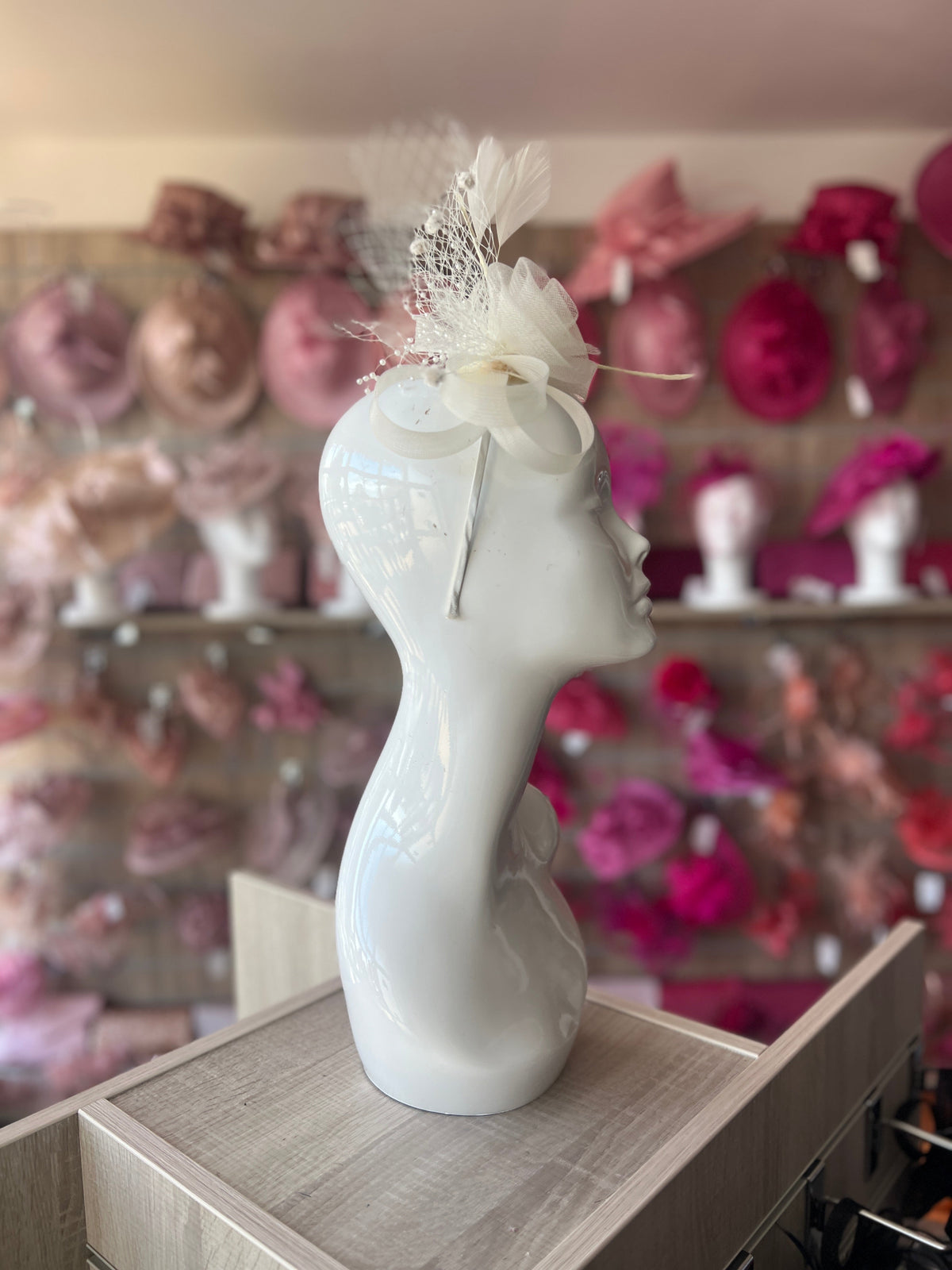 CREAM CRINOLINE FASCINATOR WITH BEADS, LOOPS &amp; NETTING-Fascinators Direct