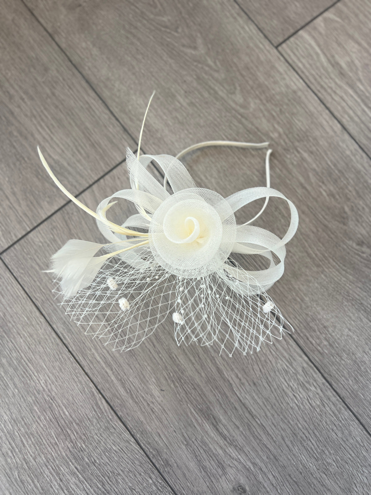 CREAM CRINOLINE FASCINATOR WITH BEADS, LOOPS &amp; NETTING-Fascinators Direct