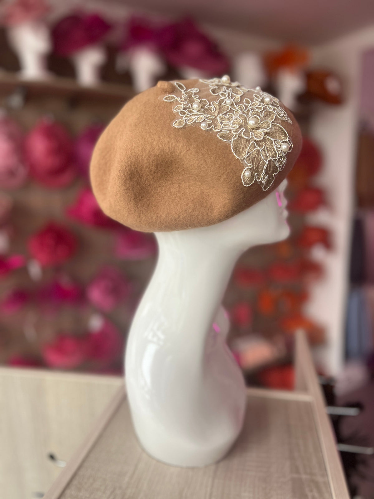 Camel Beret Hat With Lace &amp; Pearls Detail-Fascinators Direct