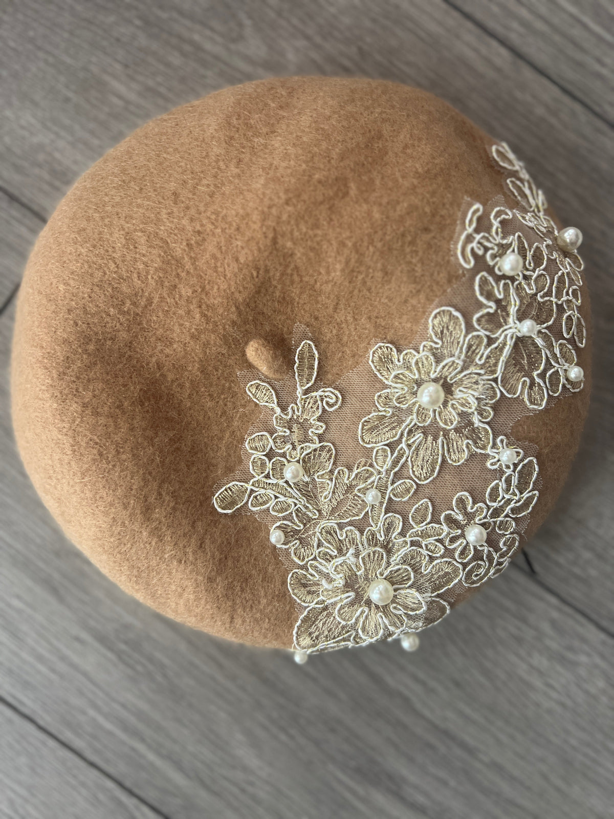 Camel Beret Hat With Lace &amp; Pearls Detail-Fascinators Direct