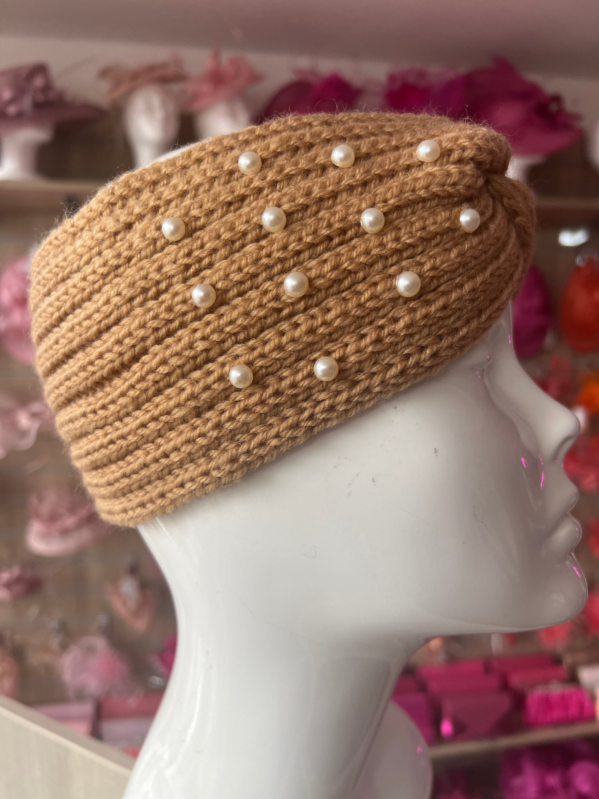 Camel Knitted Headband Ear Warmer With Assorted Pearls-Fascinators Direct