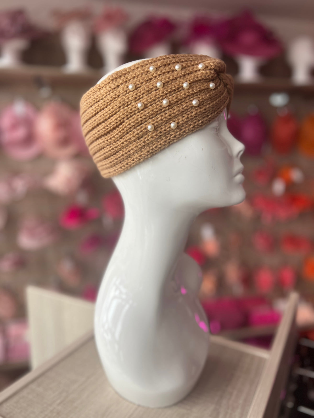 Camel Knitted Headband Ear Warmer With Assorted Pearls-Fascinators Direct