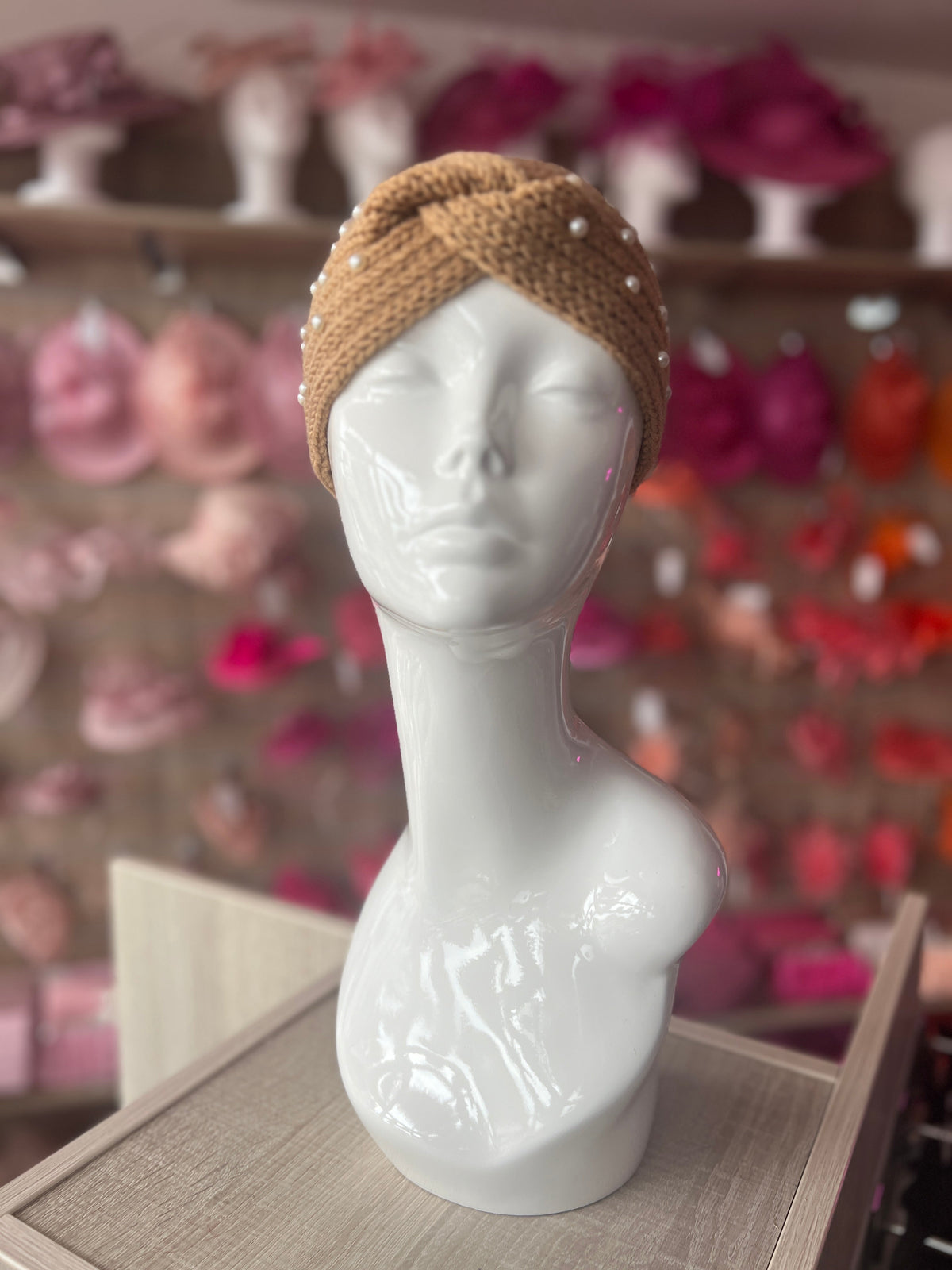 Camel Knitted Headband Ear Warmer With Assorted Pearls-Fascinators Direct