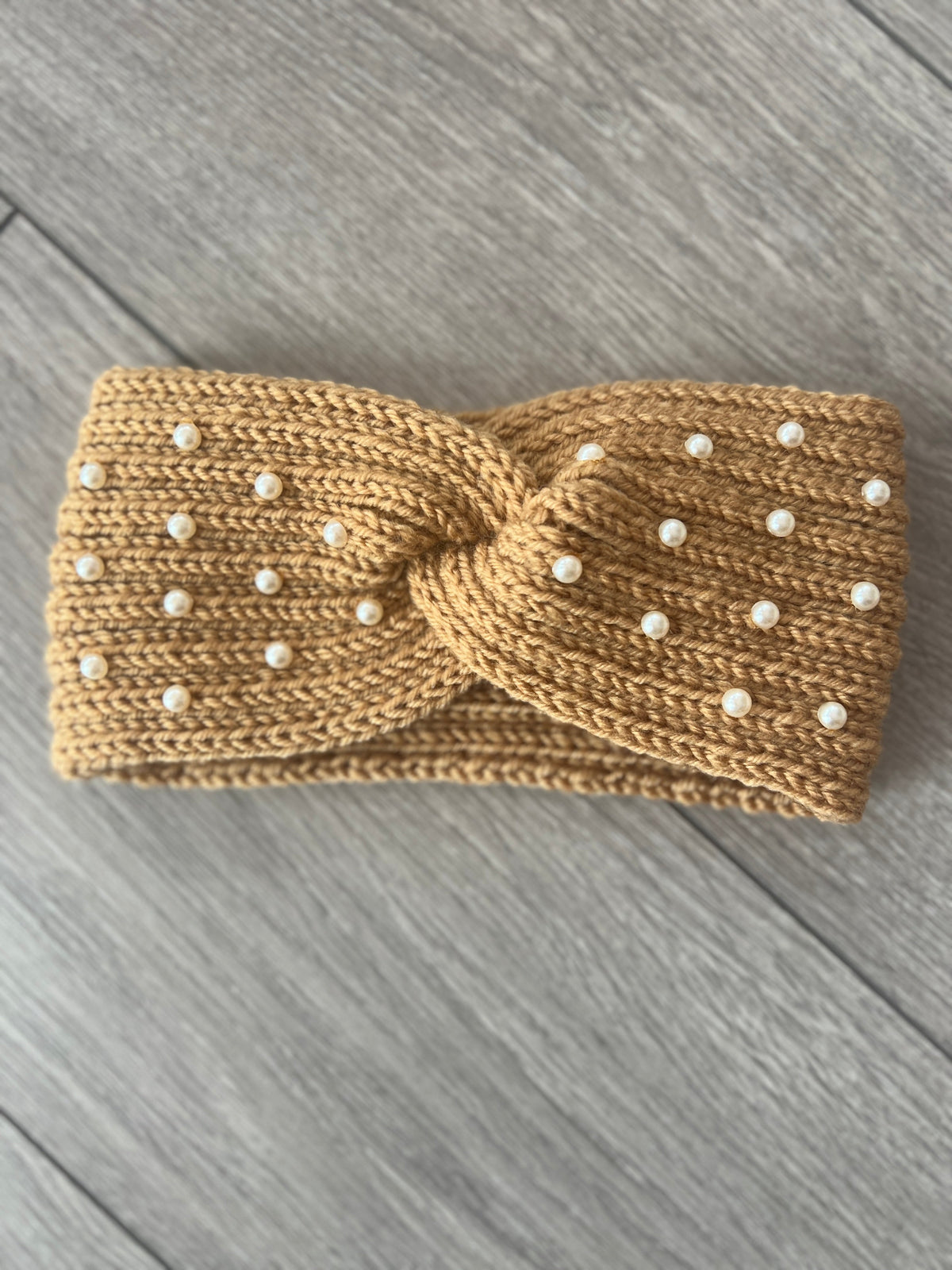 Camel Knitted Headband Ear Warmer With Assorted Pearls-Fascinators Direct