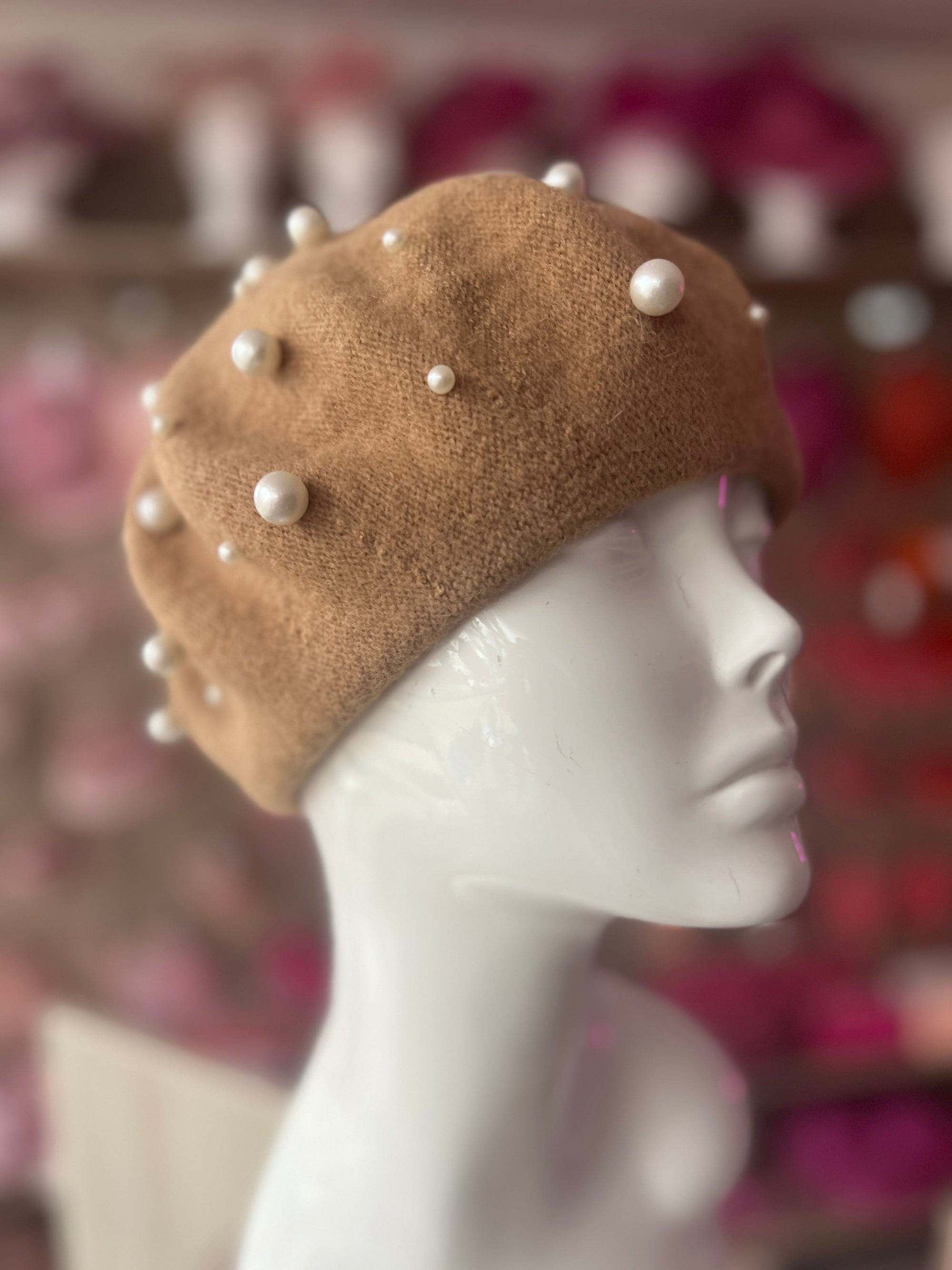 Camel Pearl Embellished Beret Hat-Fascinators Direct