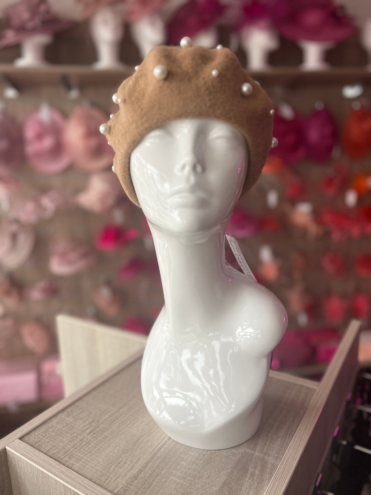 Camel Pearl Embellished Beret Hat-Fascinators Direct