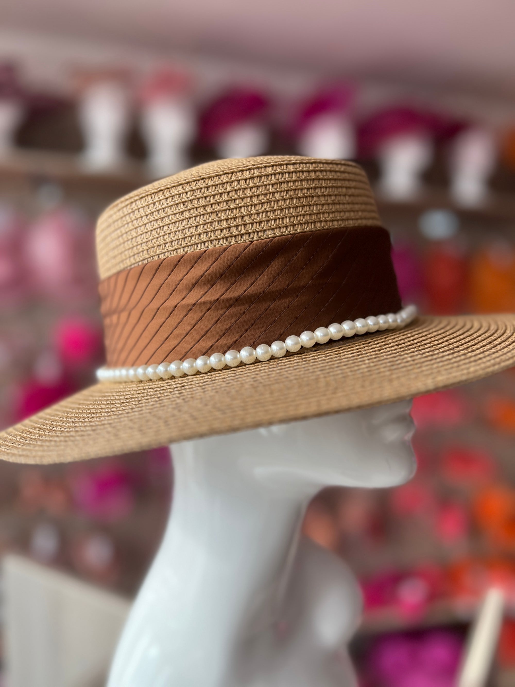 Camel Straw Hat With Pearl & Ribbon Detail-Fascinators Direct