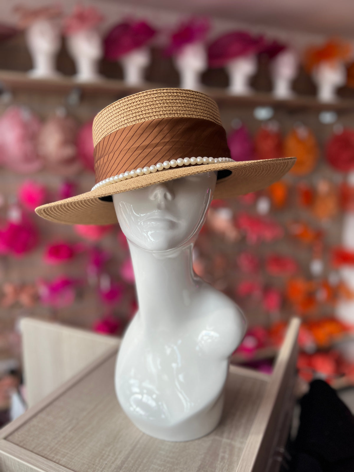Camel Straw Hat With Pearl &amp; Ribbon Detail-Fascinators Direct