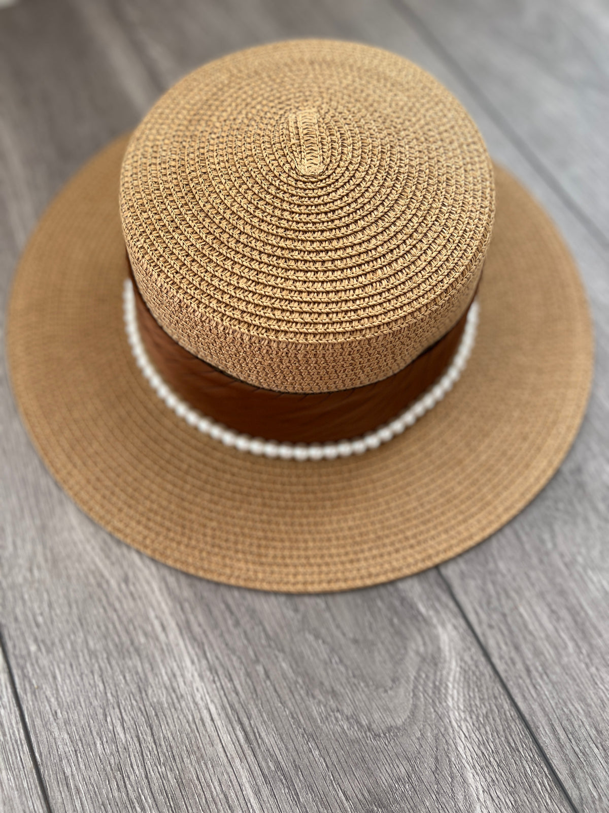 Camel Straw Hat With Pearl &amp; Ribbon Detail-Fascinators Direct