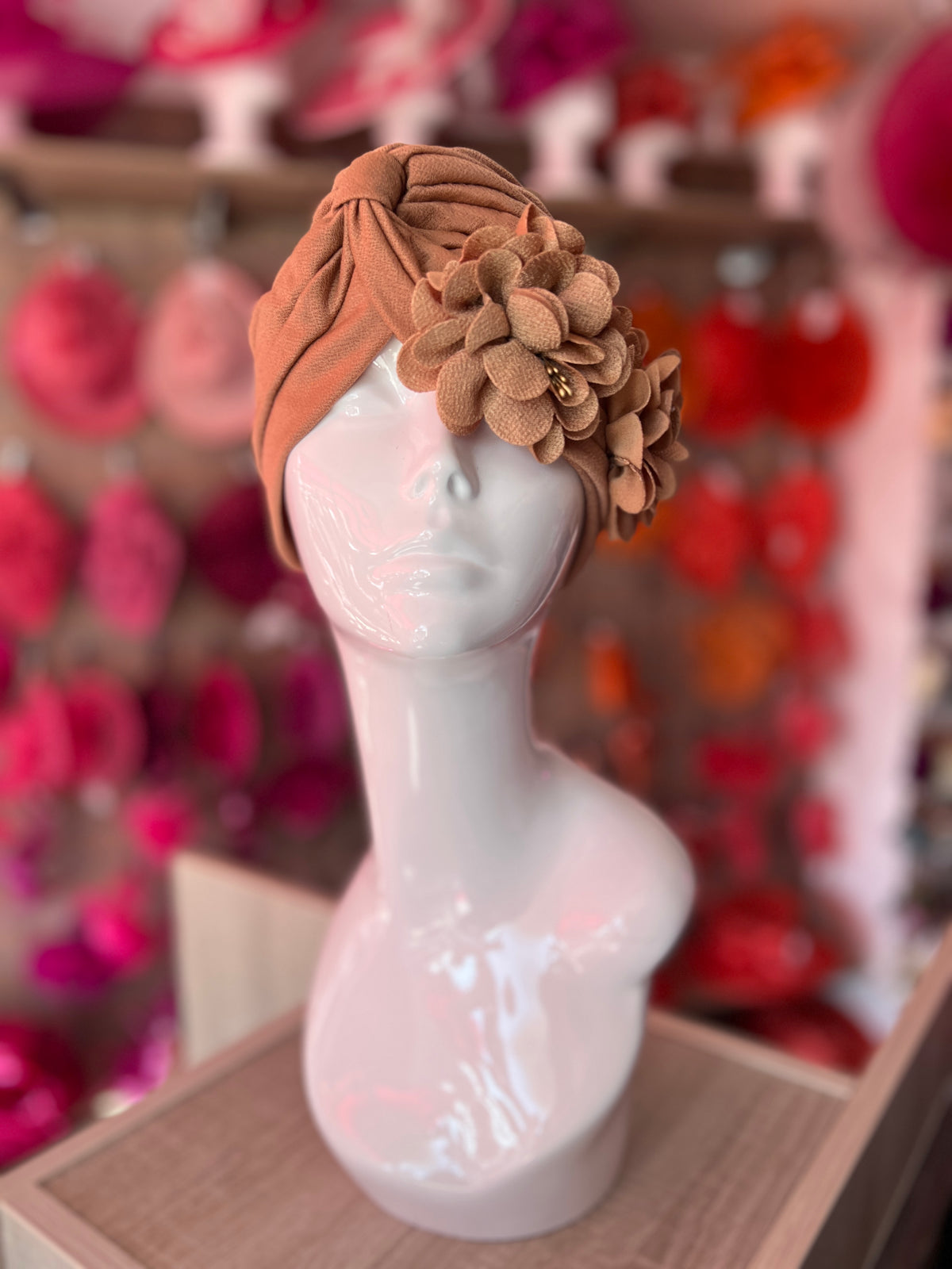 Camel Vintage Double Flower Turban Hat-Fascinators Direct