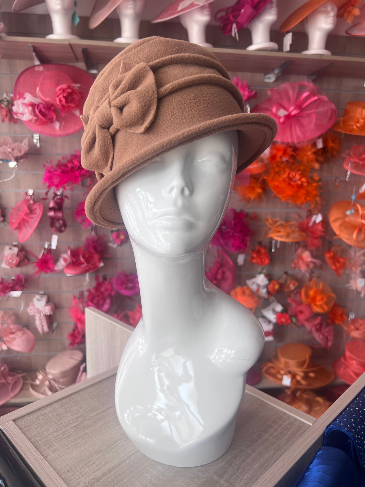 Camel Winter Cloche Beanie Hat With Bow Detail-Fascinators Direct