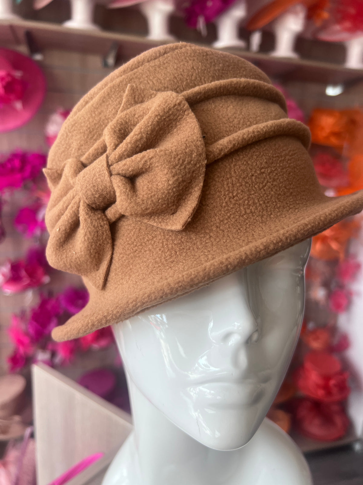 Camel Winter Cloche Beanie Hat With Bow Detail-Fascinators Direct