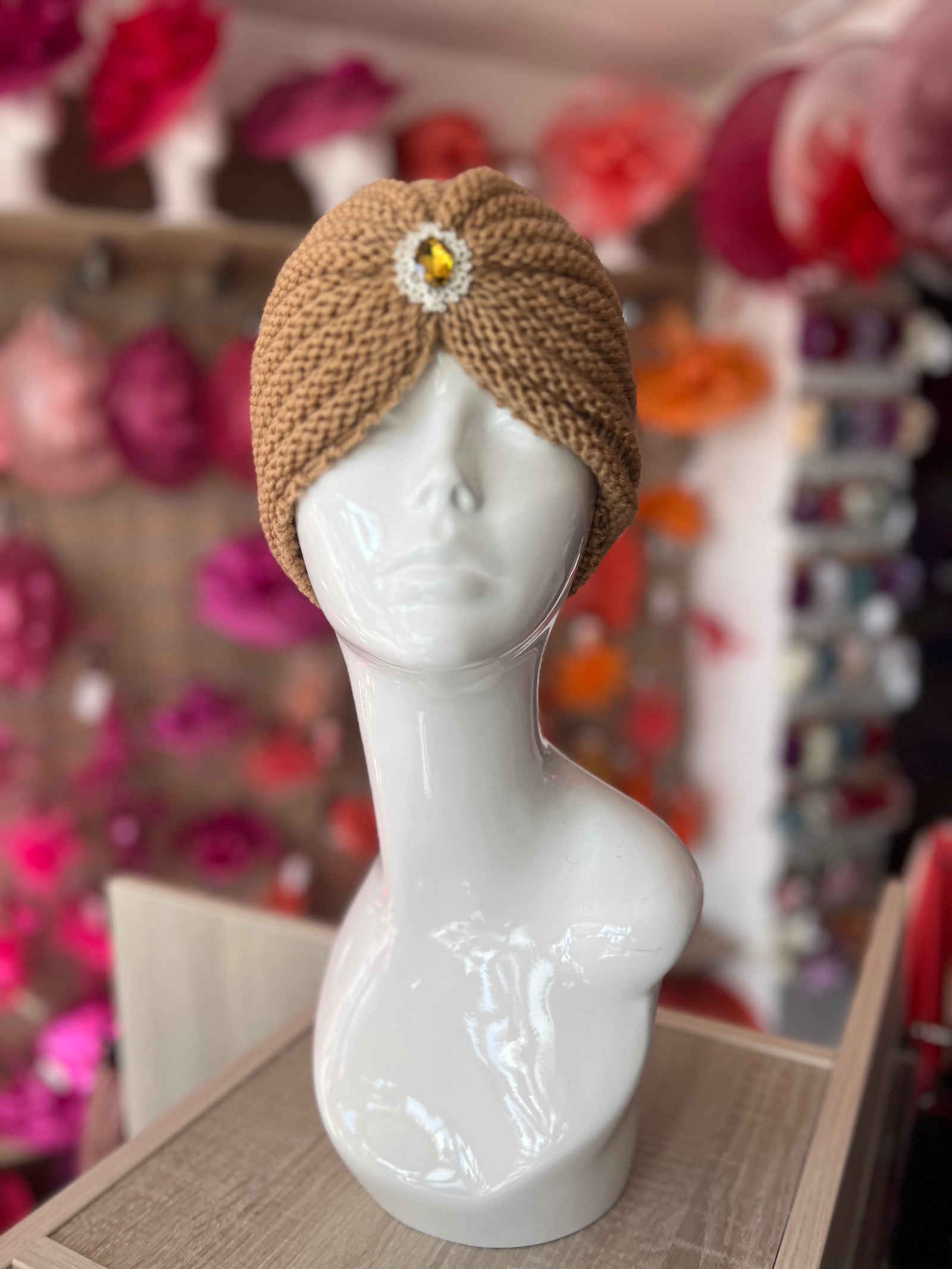 Camel Winter Turban Hat With Embellishment-Fascinators Direct