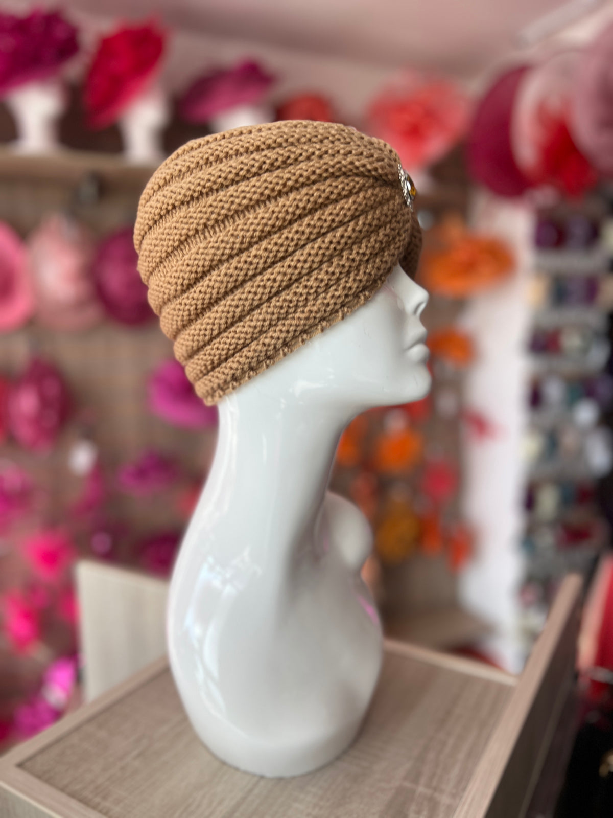 Camel Winter Turban Hat With Embellishment-Fascinators Direct