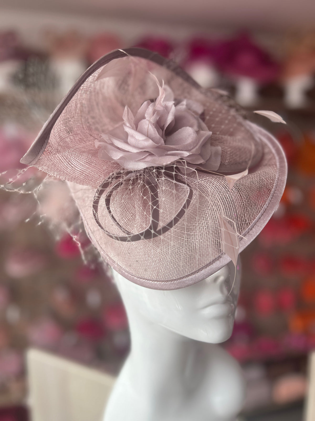 Cameo Disc Fascinator with Fabric Rose &amp; Netting-Fascinators Direct