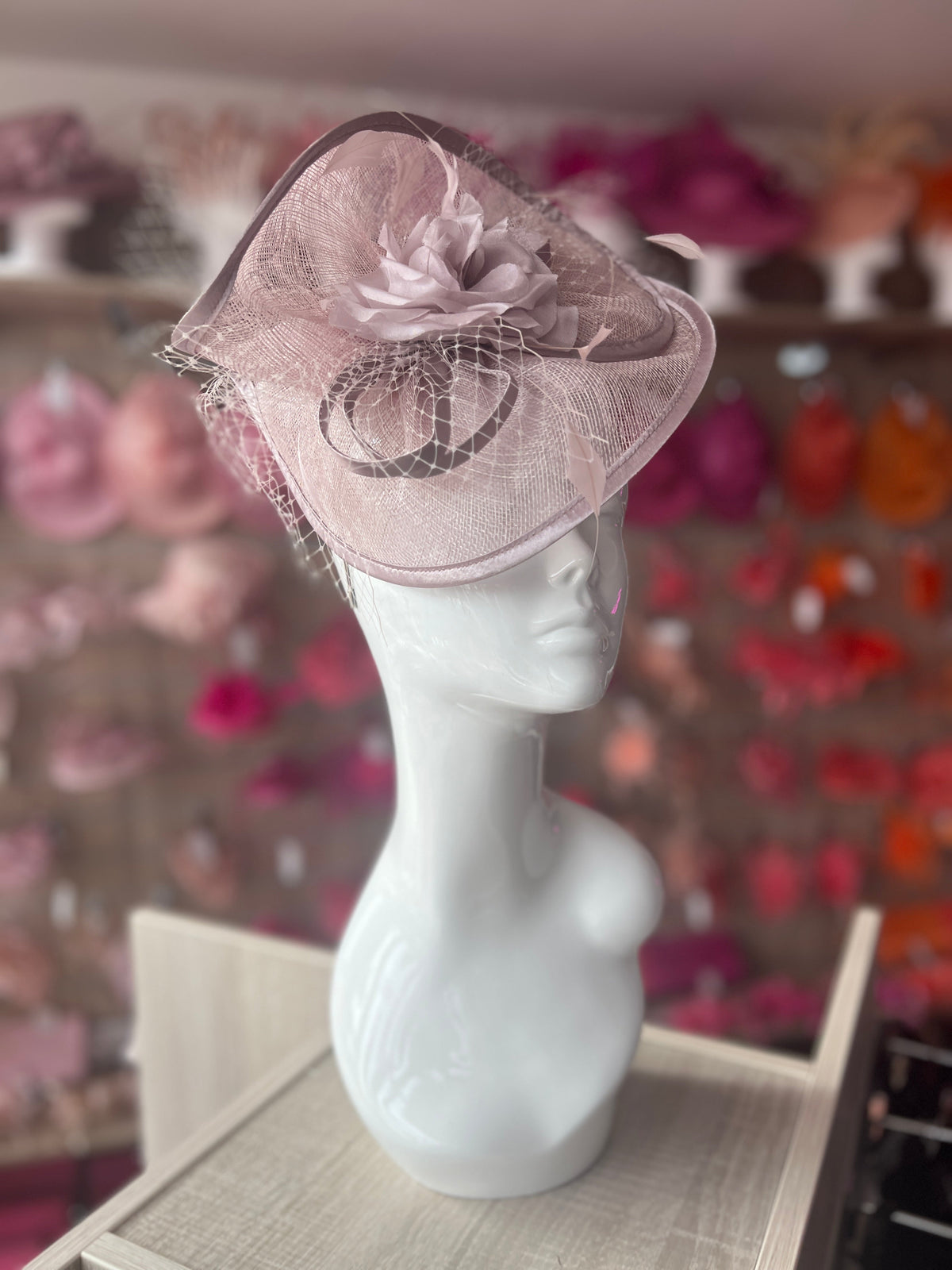 Cameo Disc Fascinator with Fabric Rose &amp; Netting-Fascinators Direct