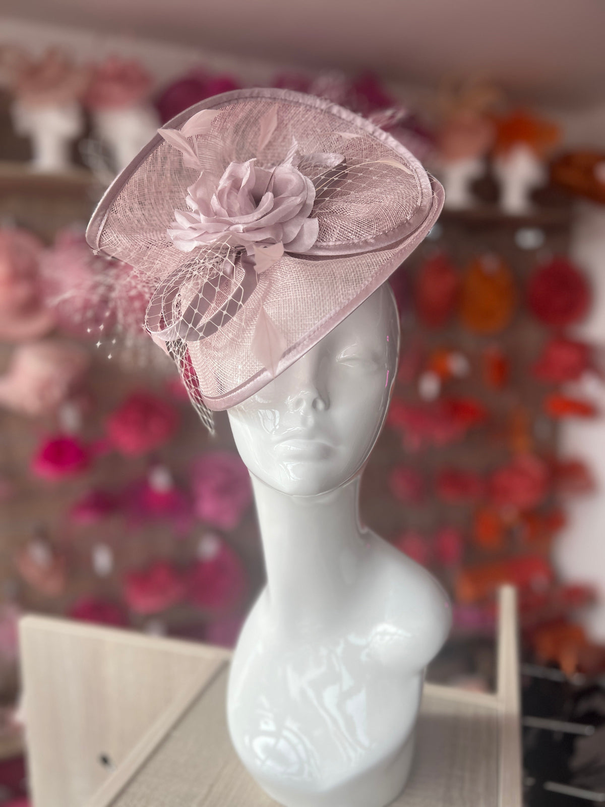 Cameo Disc Fascinator with Fabric Rose &amp; Netting-Fascinators Direct