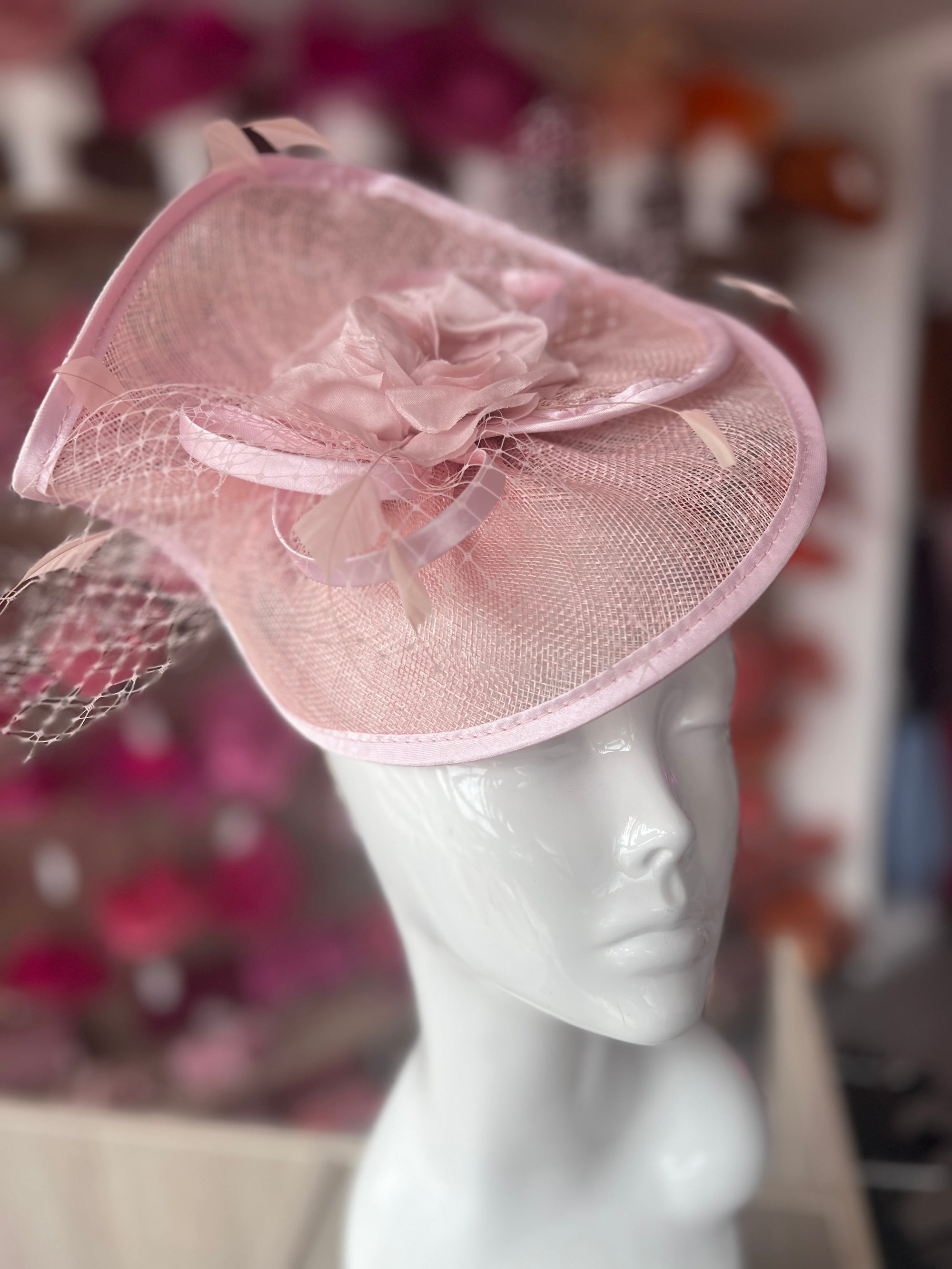 Candy Pink Disc Fascinator with Fabric Rose & Netting-Fascinators Direct