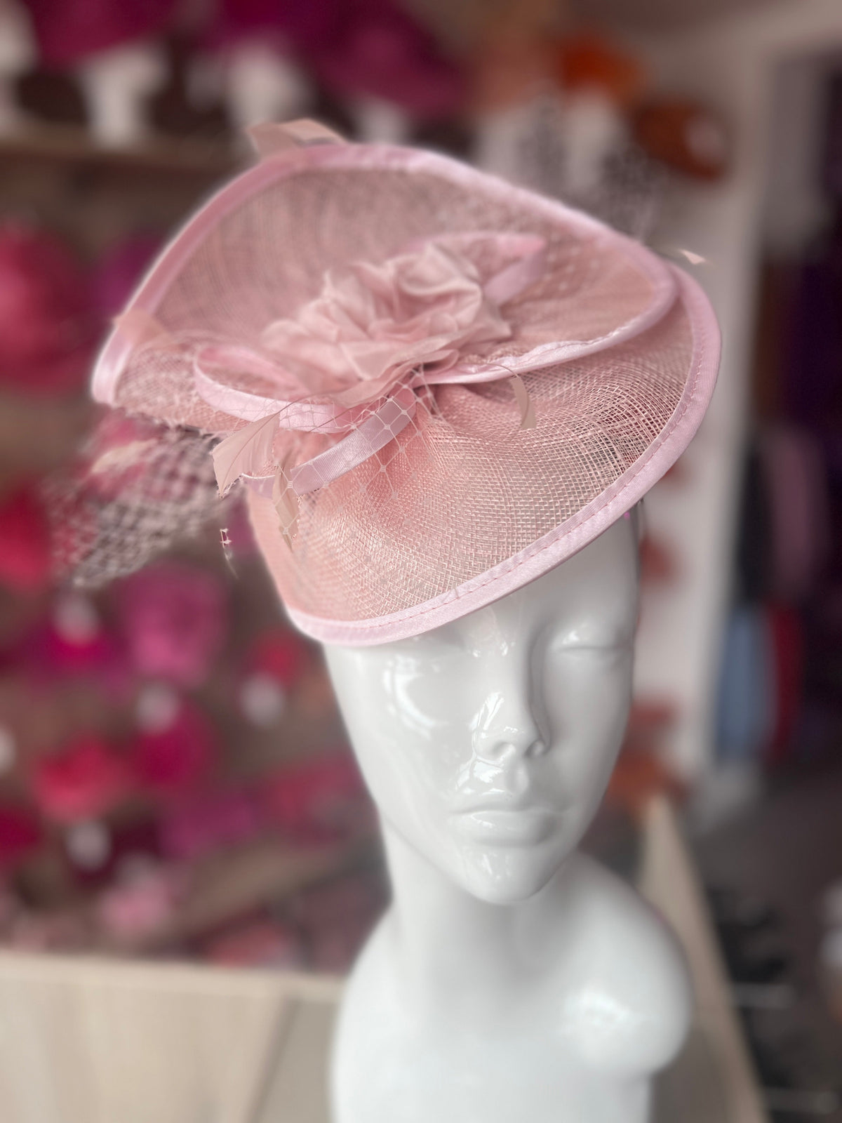 Candy Pink Disc Fascinator with Fabric Rose &amp; Netting-Fascinators Direct