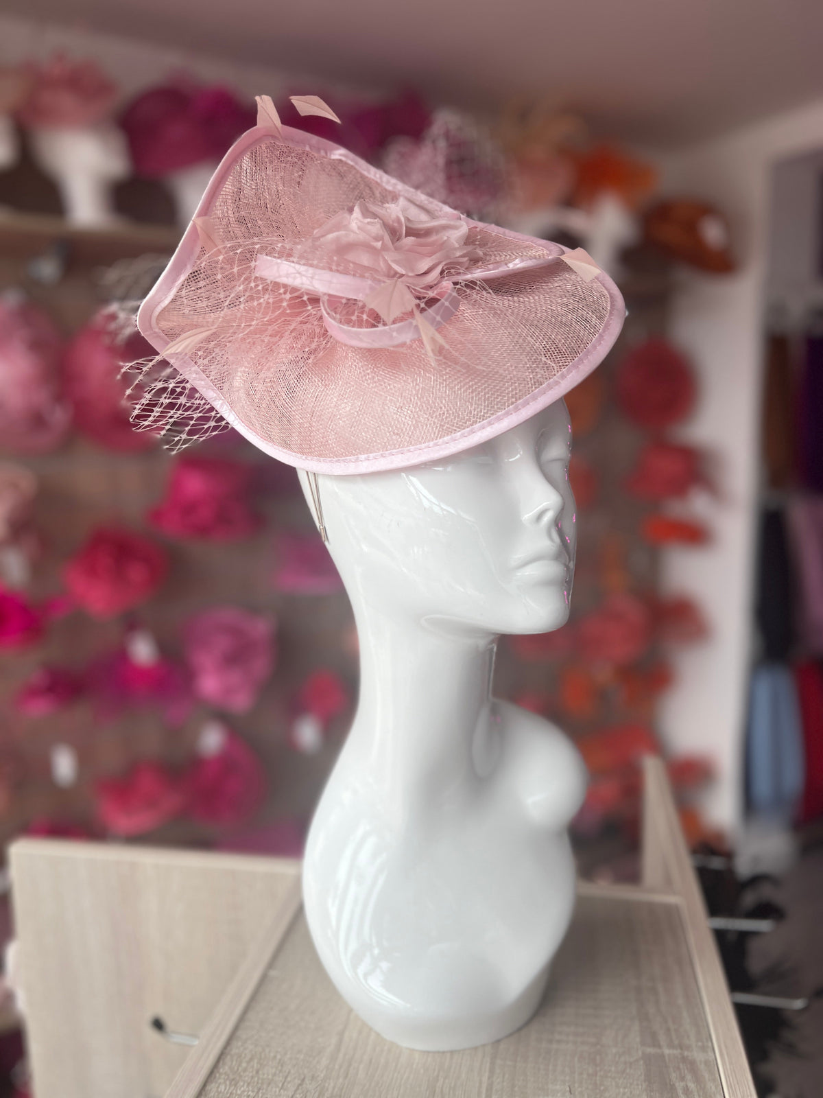 Candy Pink Disc Fascinator with Fabric Rose &amp; Netting-Fascinators Direct