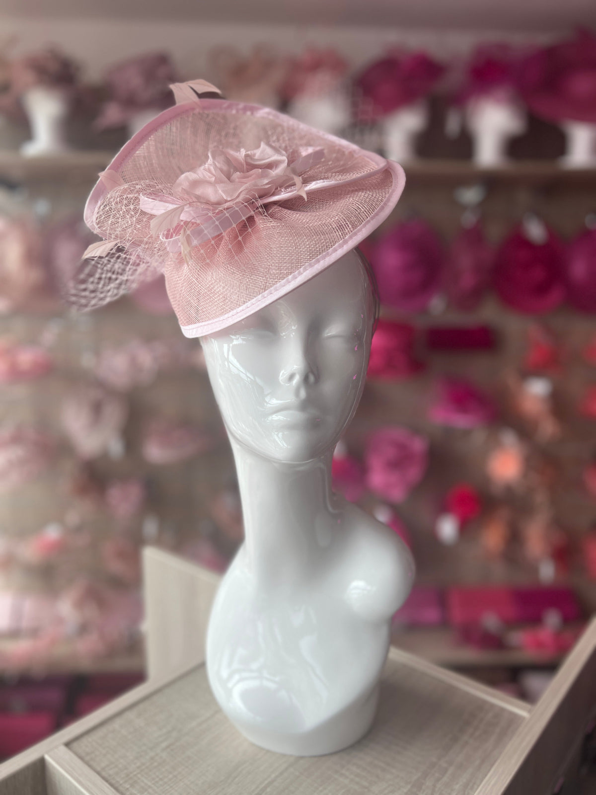 Candy Pink Disc Fascinator with Fabric Rose &amp; Netting-Fascinators Direct