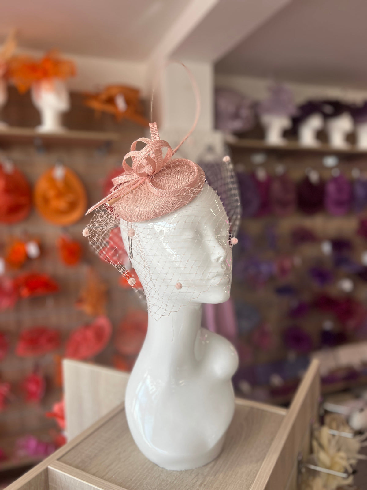 Candy Pink Pillbox Hat with Veil &amp; Curled Quill-Fascinators Direct