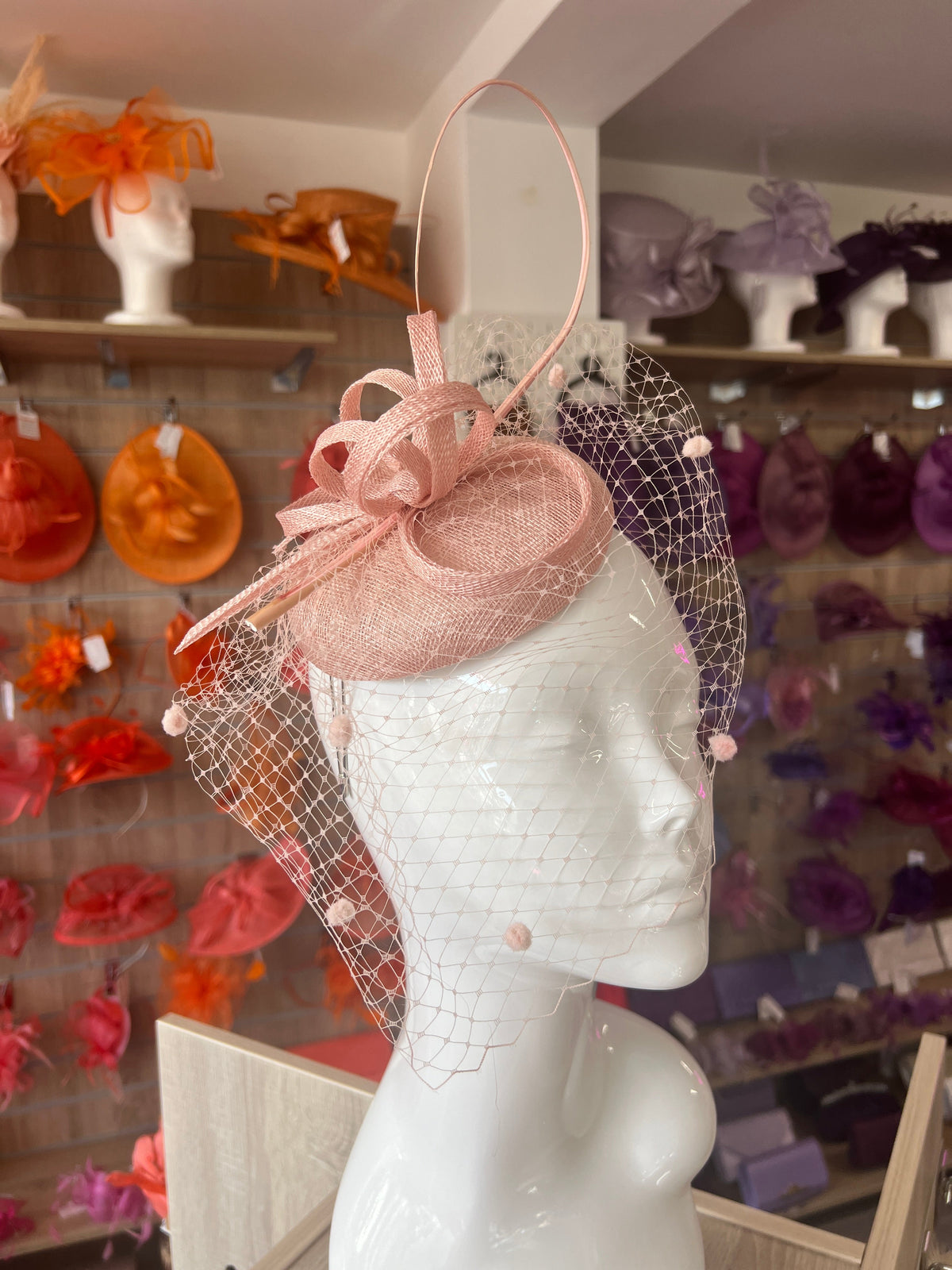 Candy Pink Pillbox Hat with Veil &amp; Curled Quill-Fascinators Direct