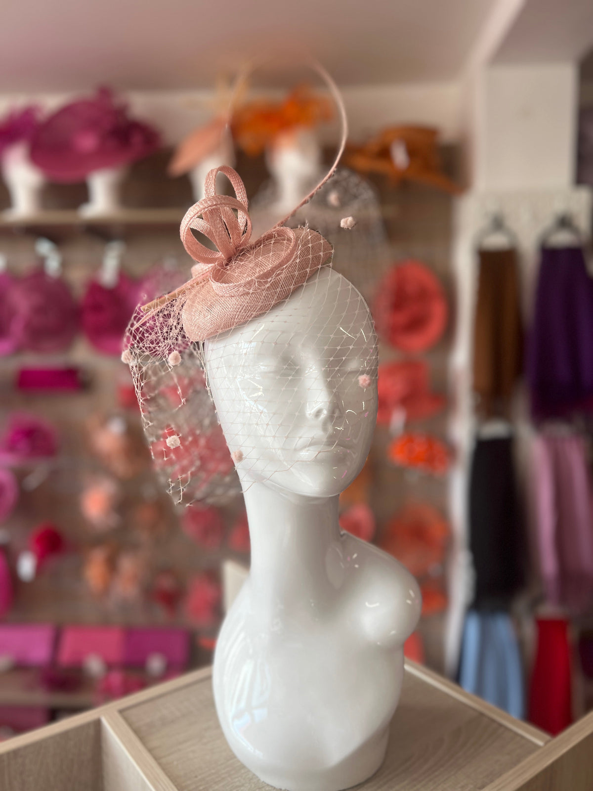 Candy Pink Pillbox Hat with Veil &amp; Curled Quill-Fascinators Direct