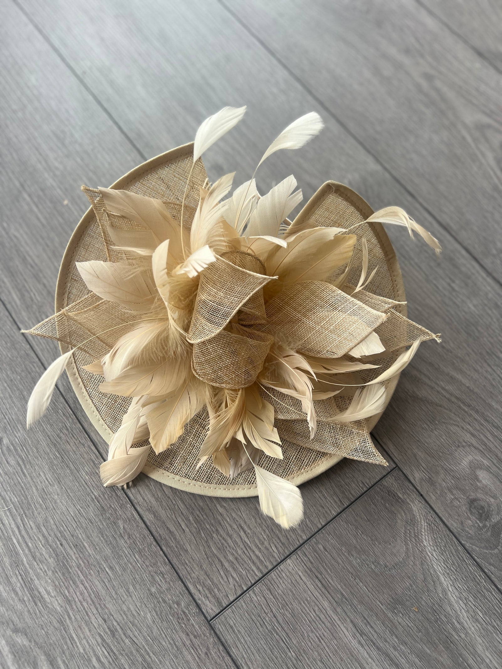 Catherine Sinamay Disc with Feathers - Beige-Fascinators Direct