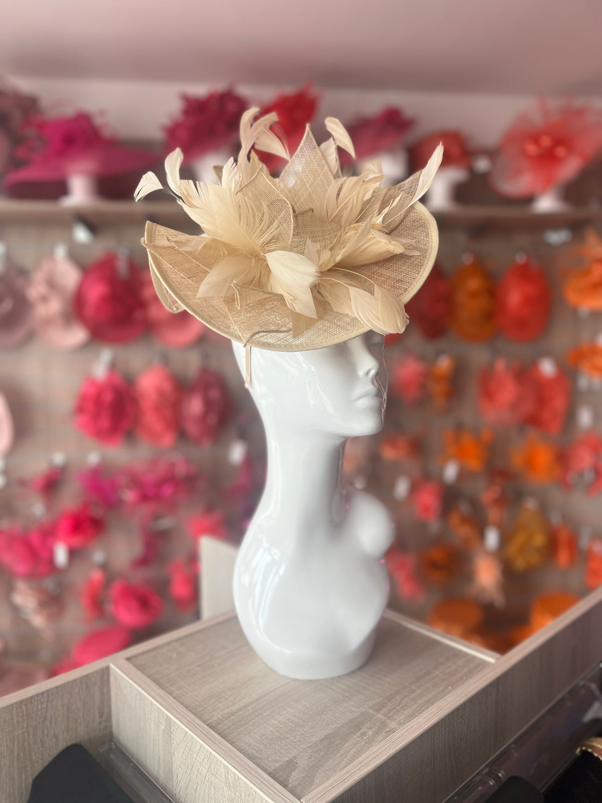 Catherine Sinamay Disc with Feathers - Beige-Fascinators Direct