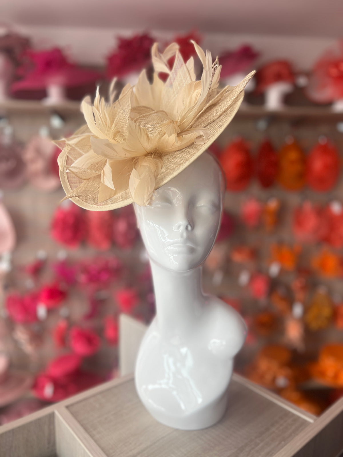 Catherine Sinamay Disc with Feathers - Beige-Fascinators Direct