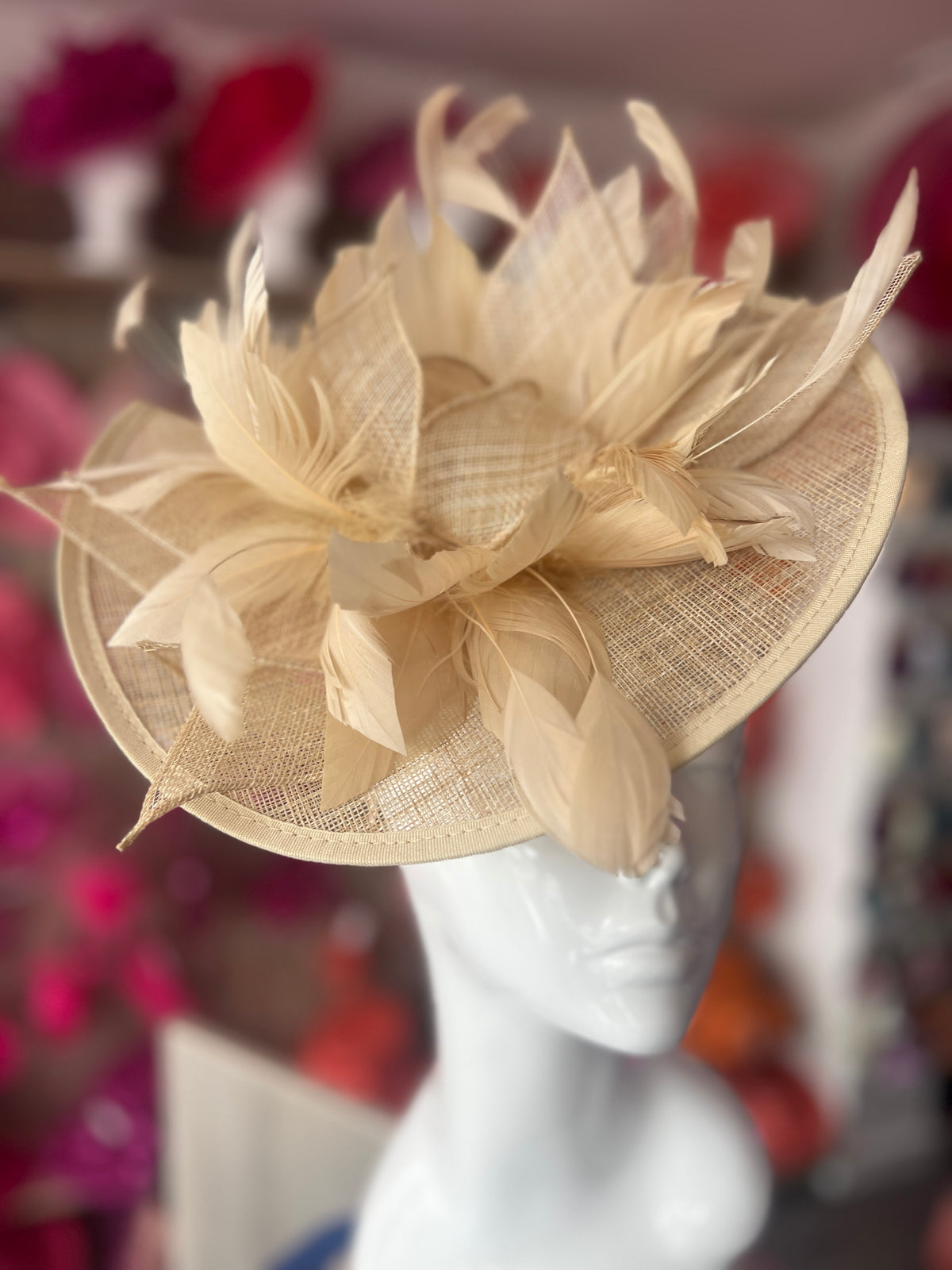 Catherine Sinamay Disc with Feathers - Beige-Fascinators Direct