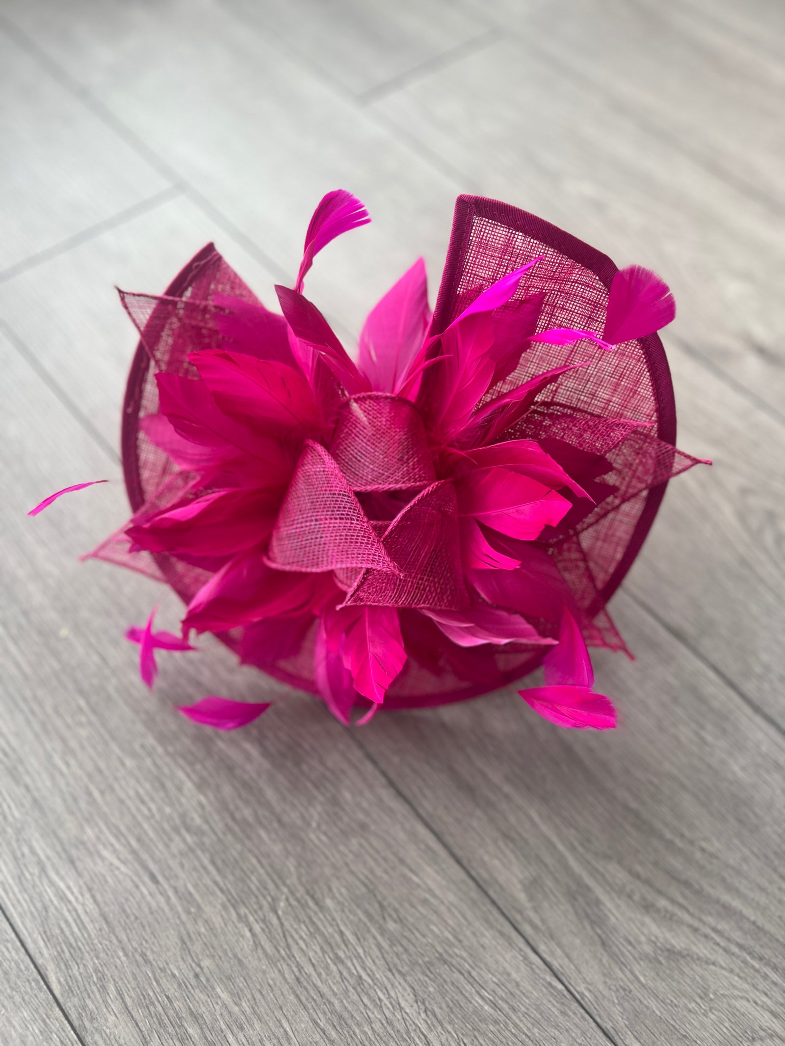 Catherine Sinamay Disc with Feathers - Fuchsia-Fascinators Direct