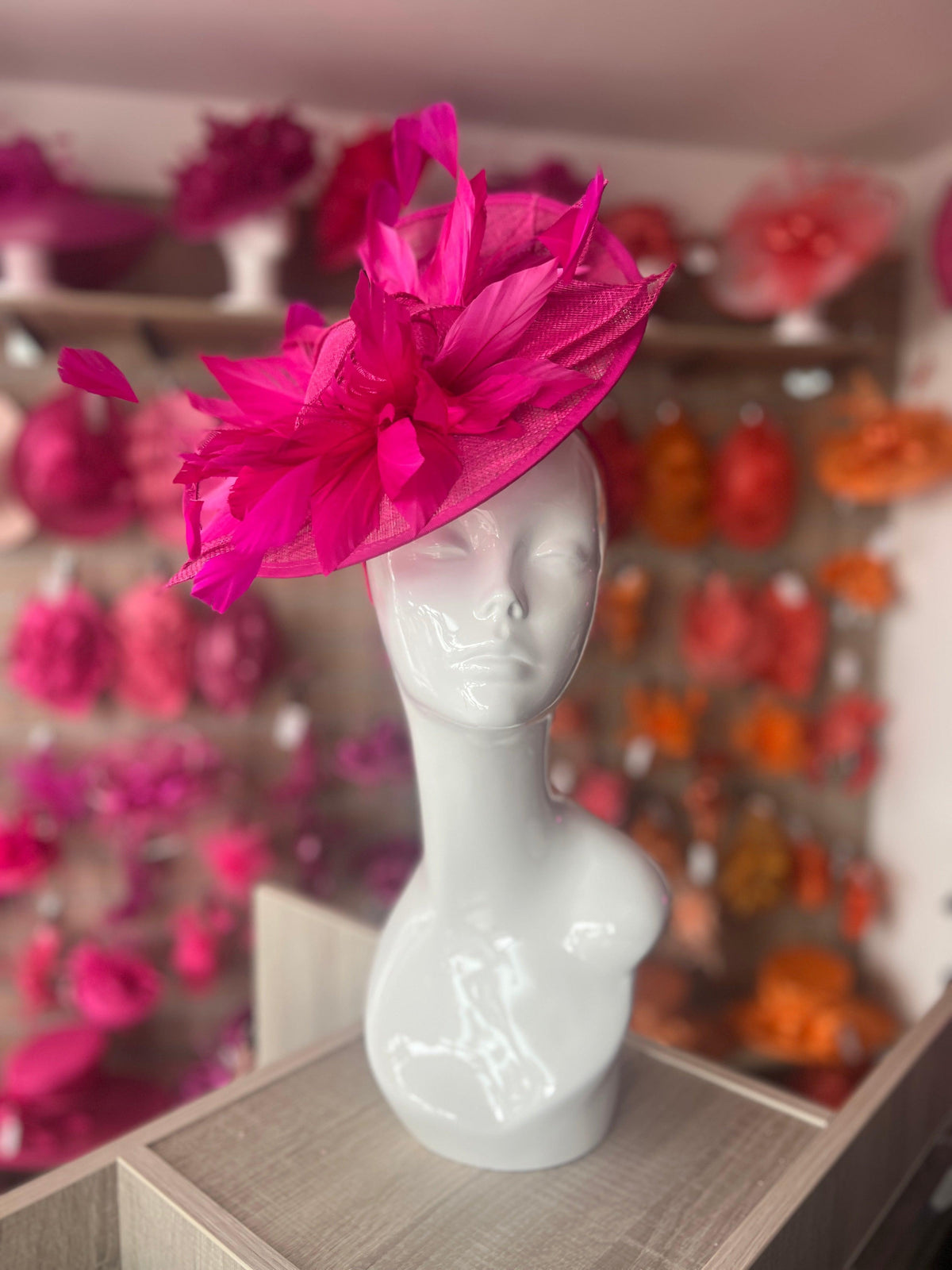 Catherine Sinamay Disc with Feathers - Fuchsia-Fascinators Direct