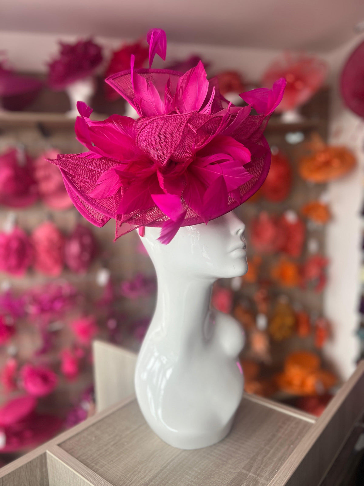 Catherine Sinamay Disc with Feathers - Fuchsia-Fascinators Direct
