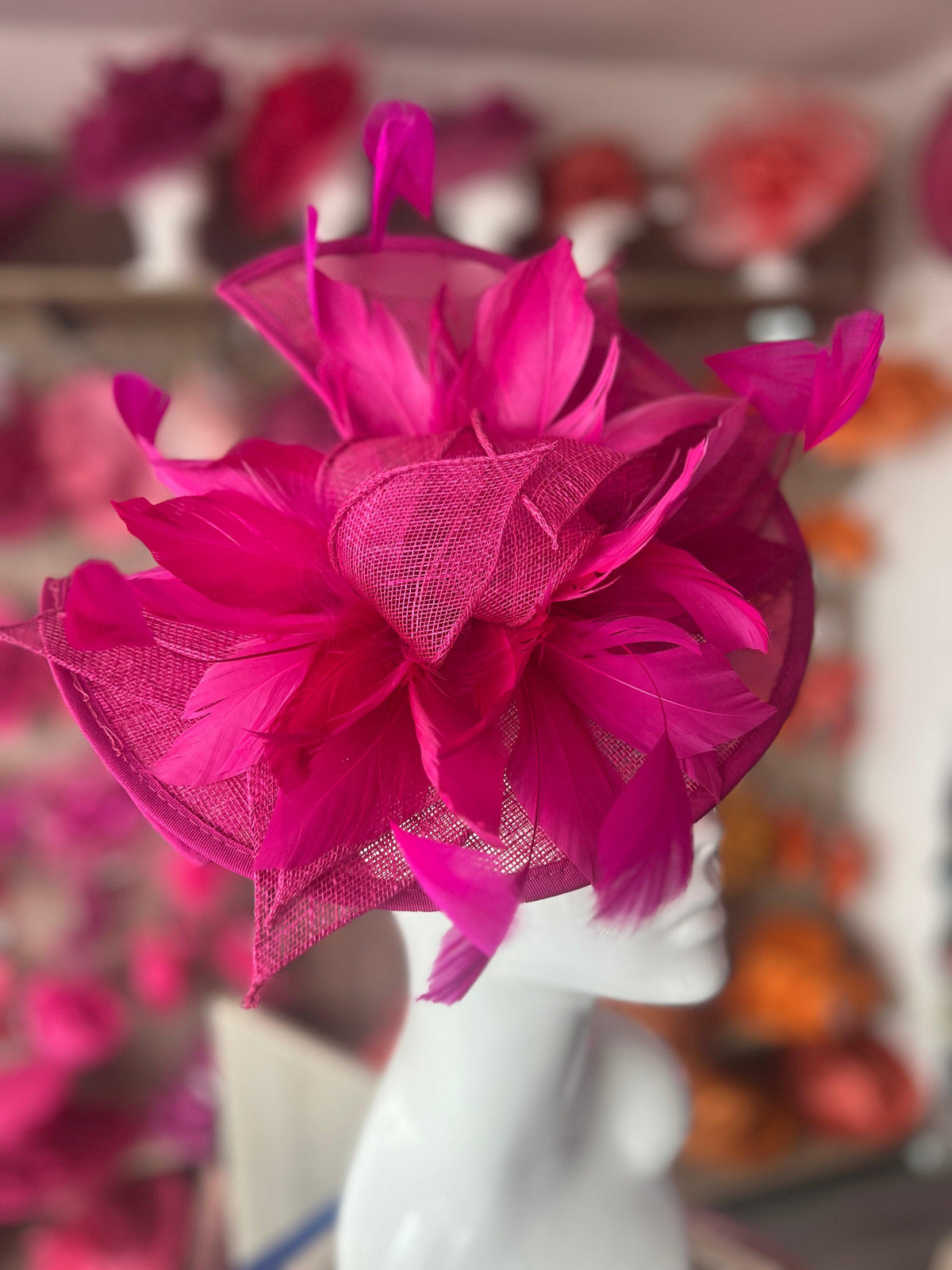 Catherine Sinamay Disc with Feathers - Fuchsia-Fascinators Direct
