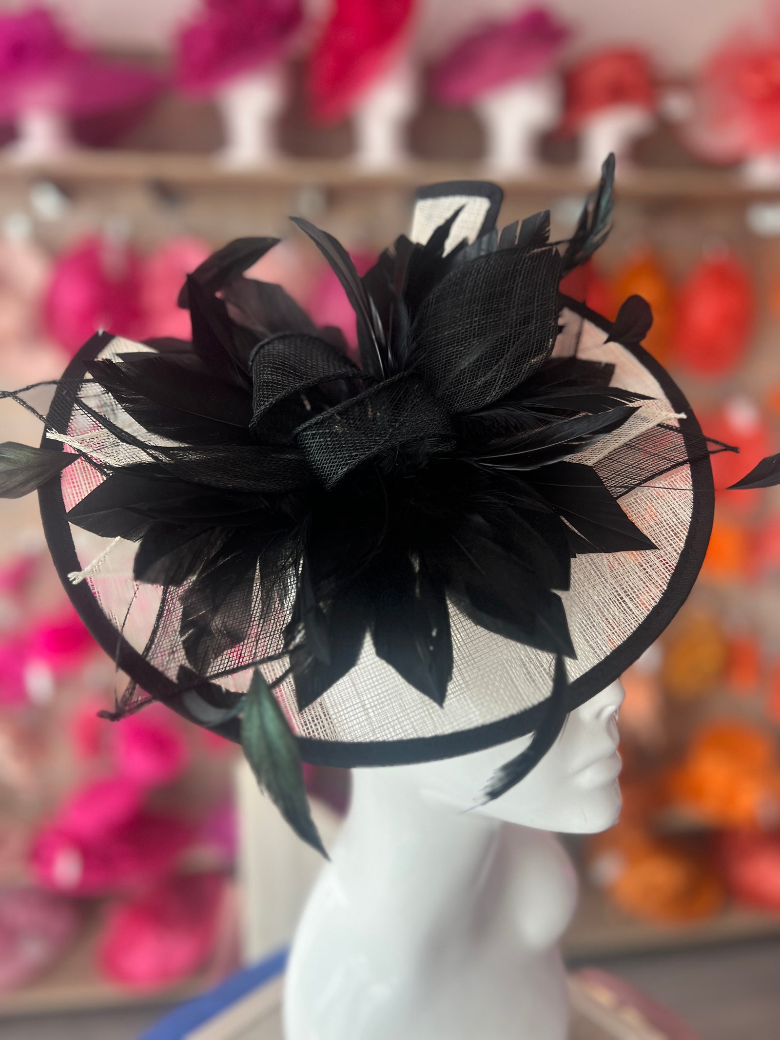 Catherine Sinamay Disc with Feathers - Ivory & Black-Fascinators Direct