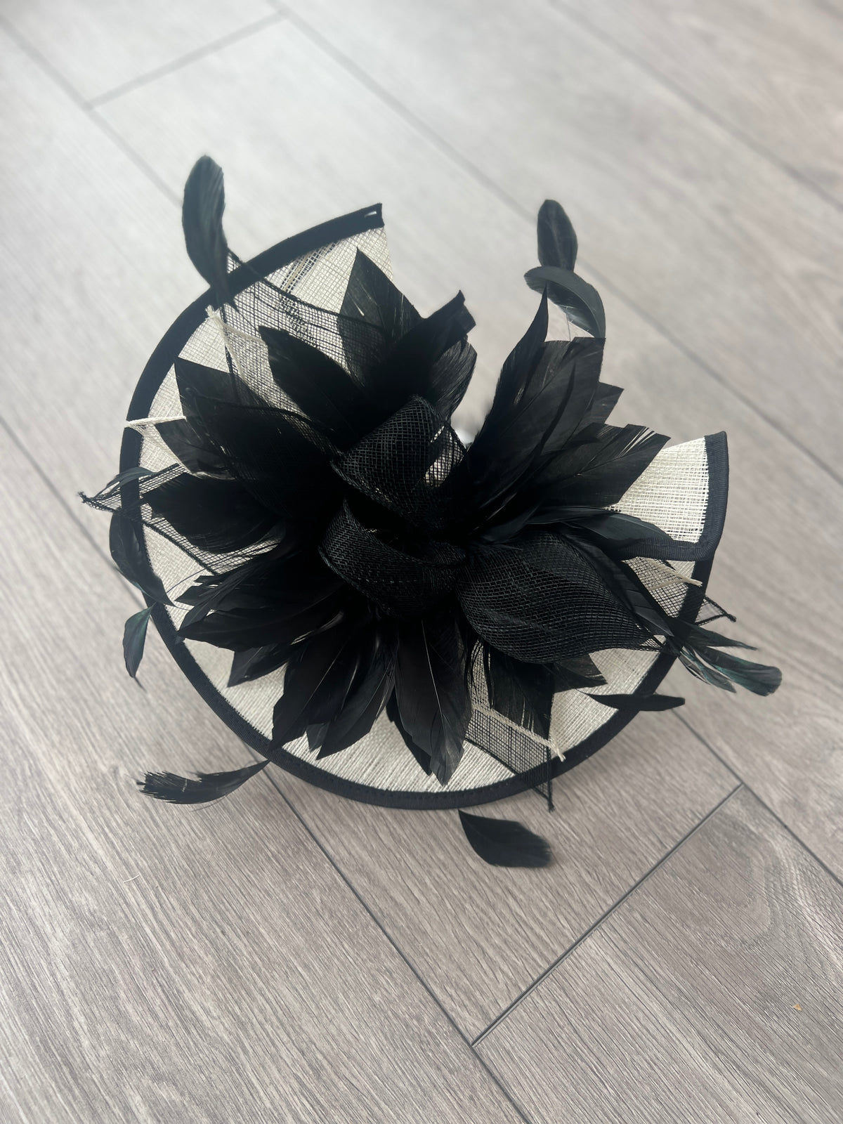 Catherine Sinamay Disc with Feathers - Ivory &amp; Black-Fascinators Direct