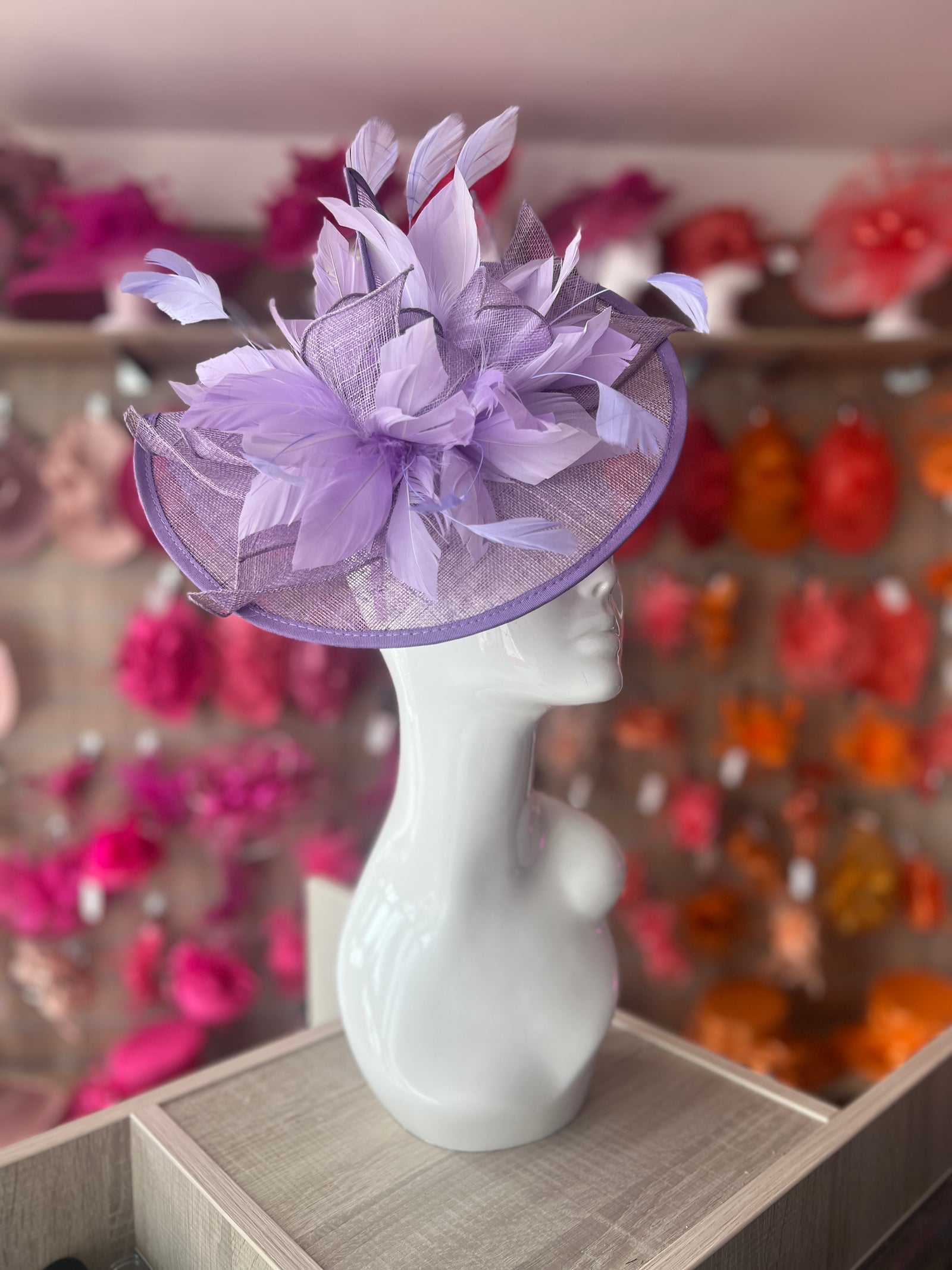 Catherine Sinamay Disc with Feathers - Lilac-Fascinators Direct