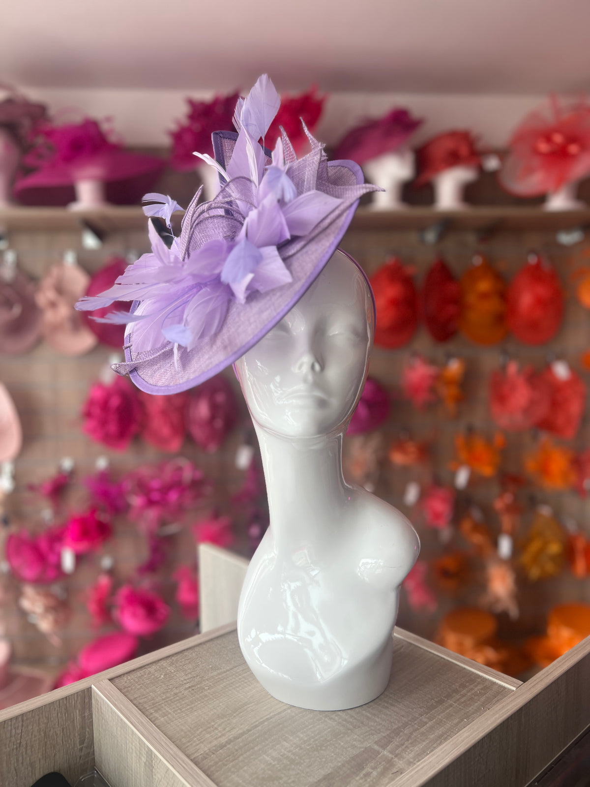 Catherine Sinamay Disc with Feathers - Lilac-Fascinators Direct