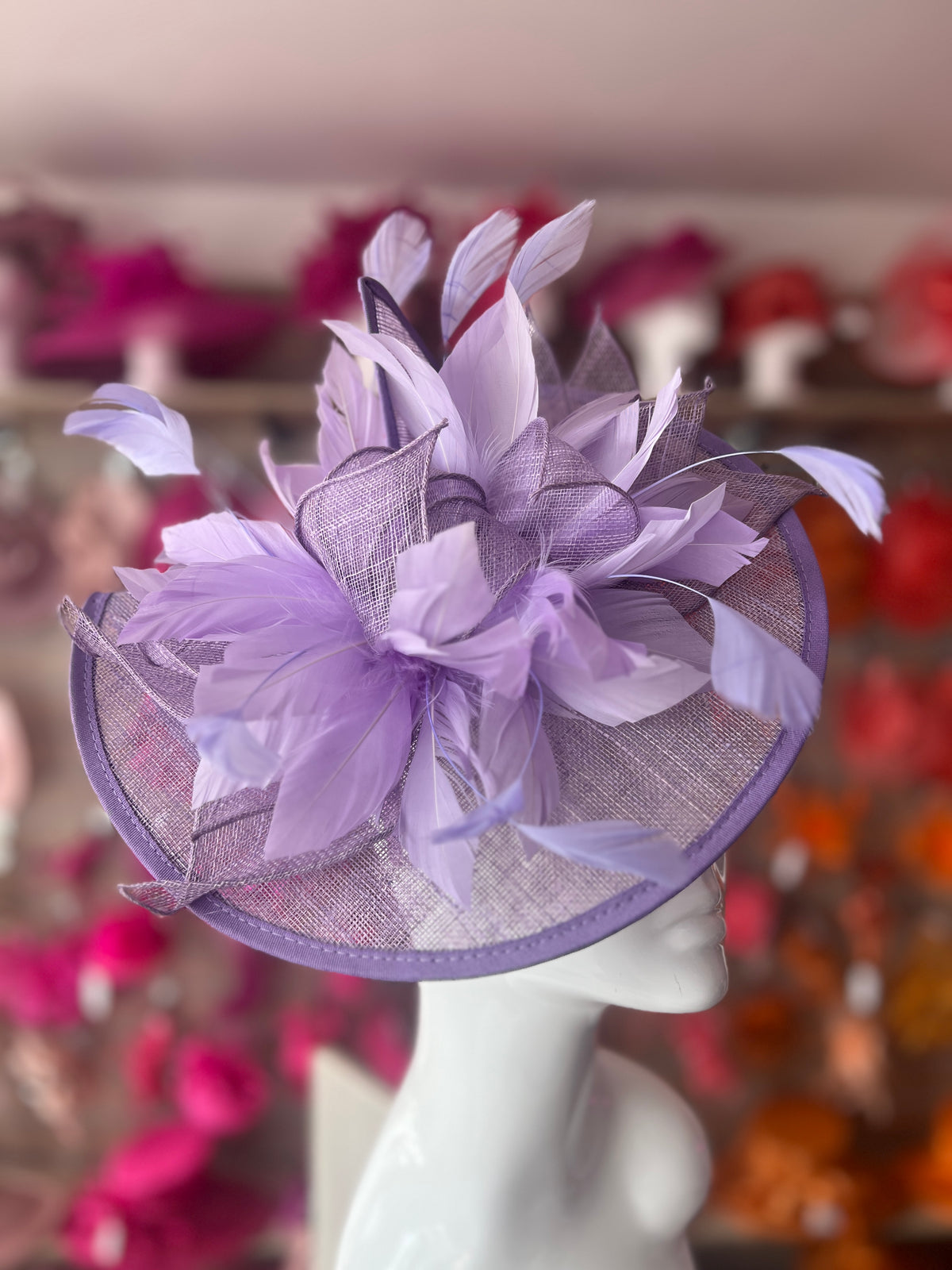 Catherine Sinamay Disc with Feathers - Lilac-Fascinators Direct