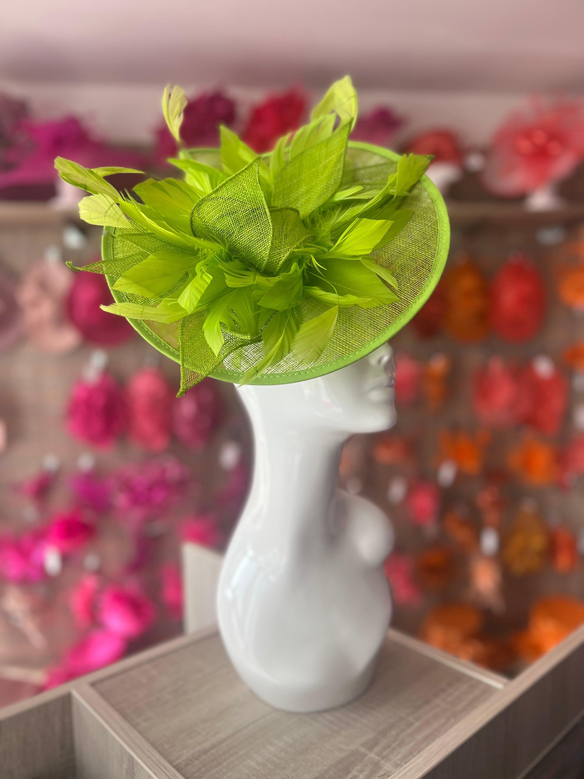Catherine Sinamay Disc with Feathers - Lime-Fascinators Direct