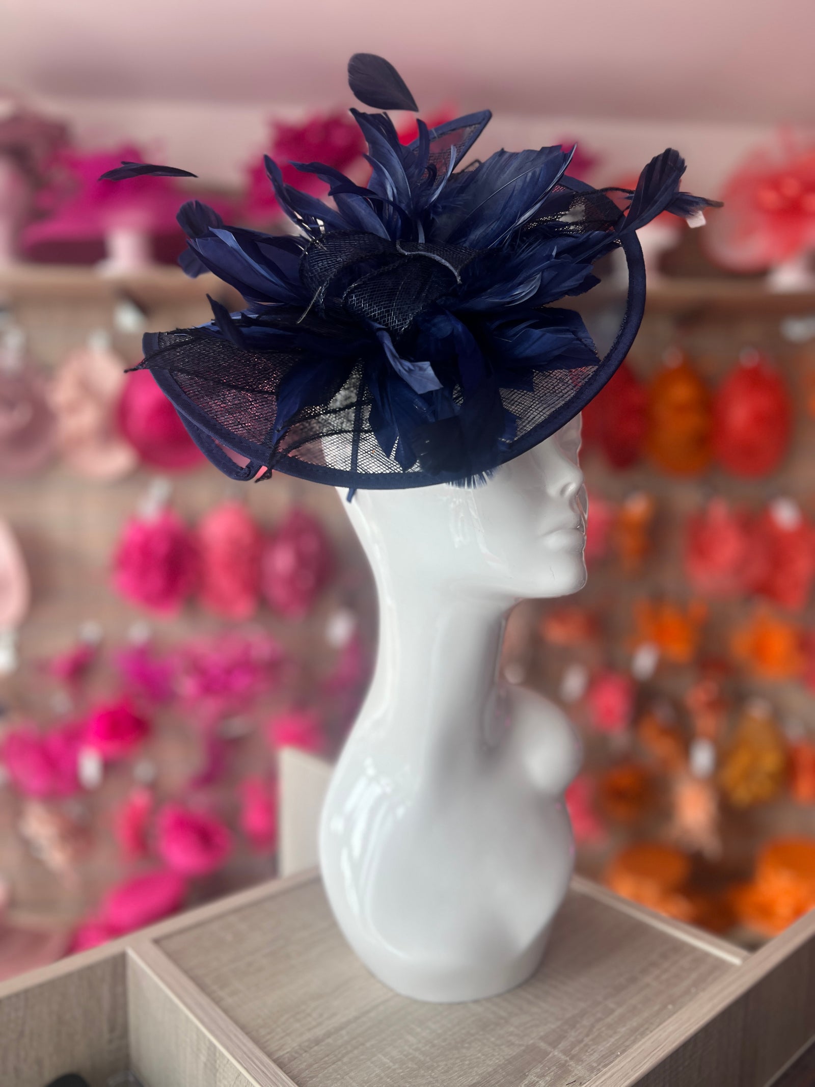 Catherine Sinamay Disc with Feathers - Navy-Fascinators Direct