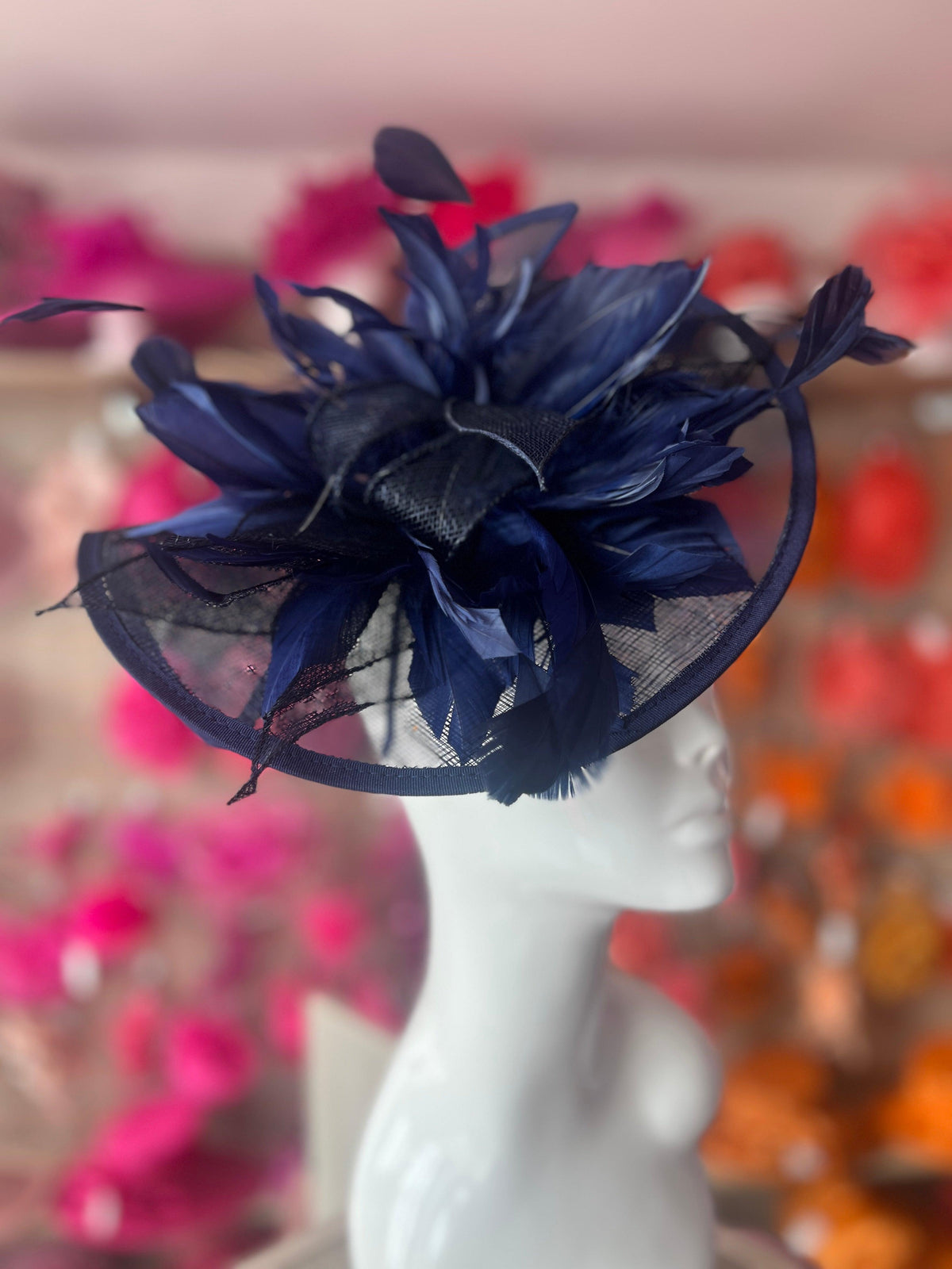 Catherine Sinamay Disc with Feathers - Navy-Fascinators Direct