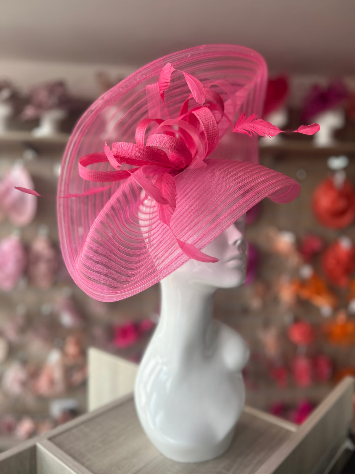 Cerise Crinoline Hatinator with Loops &amp; Feathers-Fascinators Direct