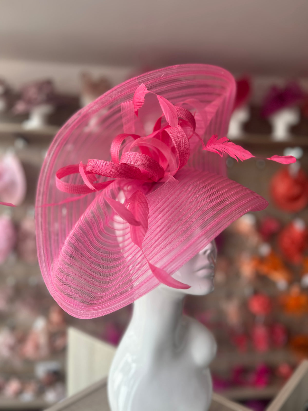 Cerise Crinoline Hatinator with Loops &amp; Feathers-Fascinators Direct