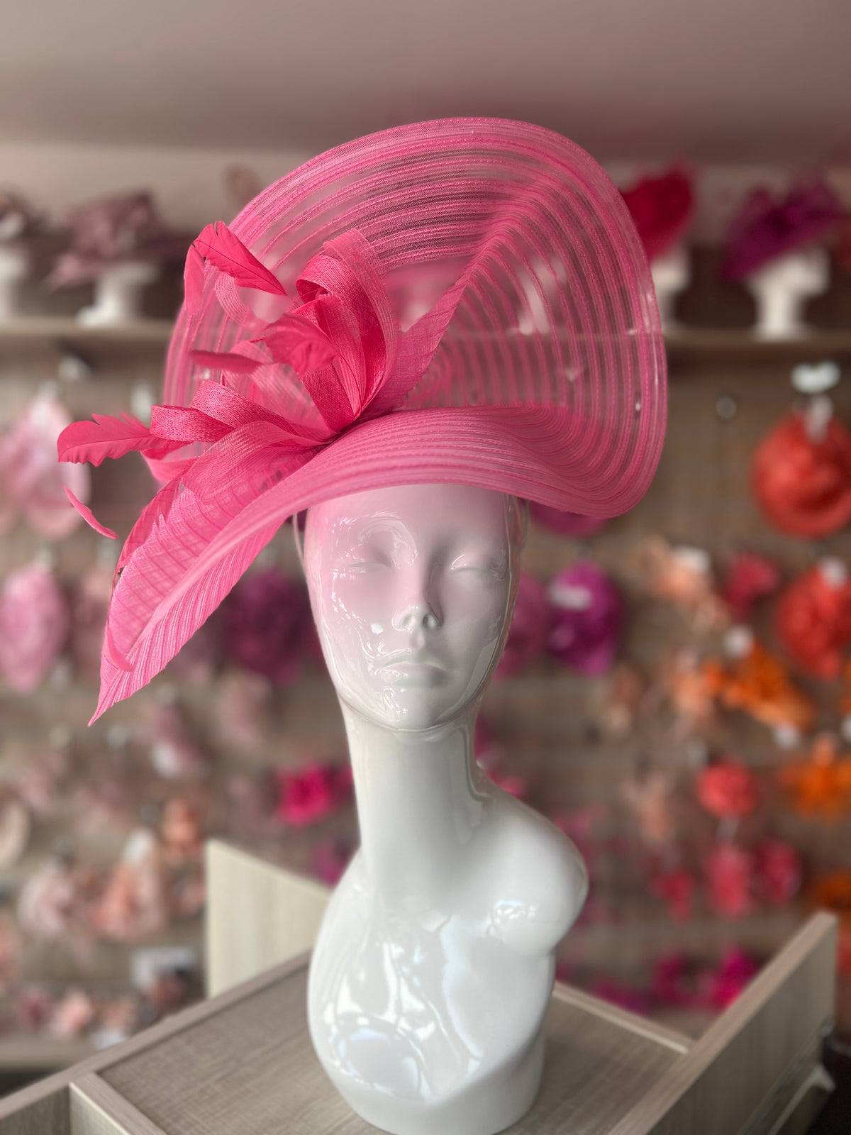 Cerise Crinoline Hatinator with Loops &amp; Feathers-Fascinators Direct