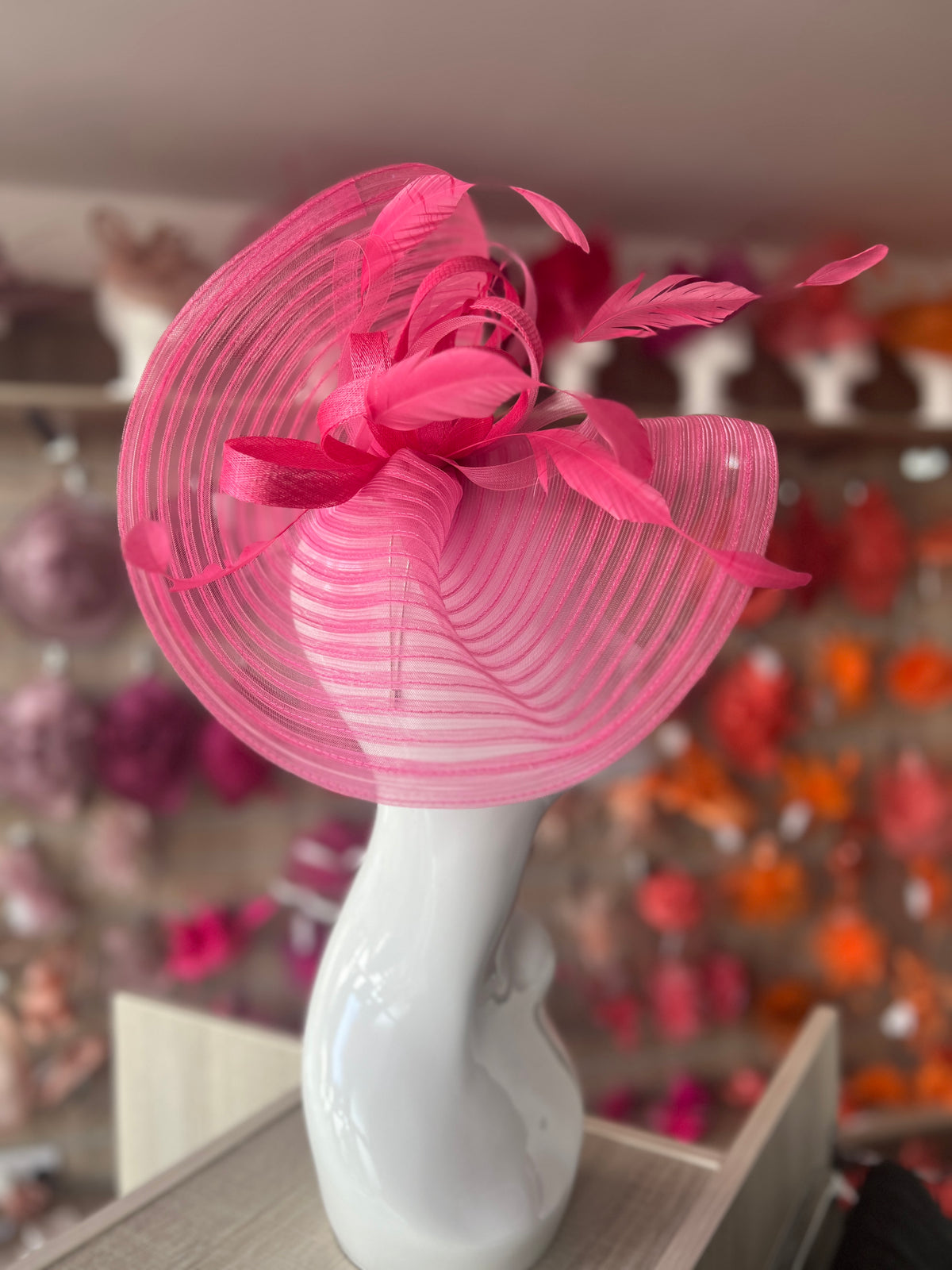 Cerise Crinoline Hatinator with Loops &amp; Feathers-Fascinators Direct