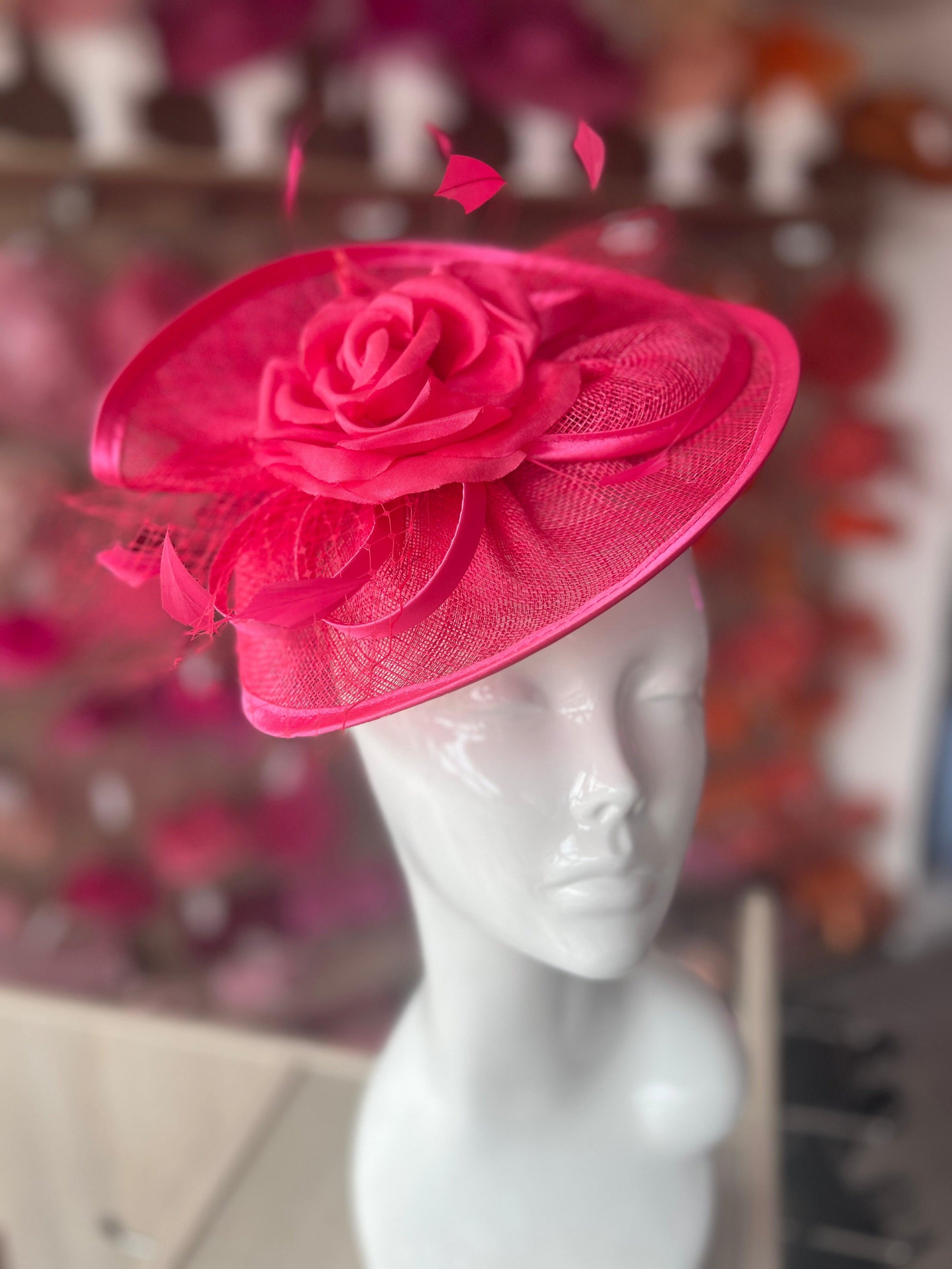 Cerise Disc Fascinator with Fabric Rose & Netting-Fascinators Direct