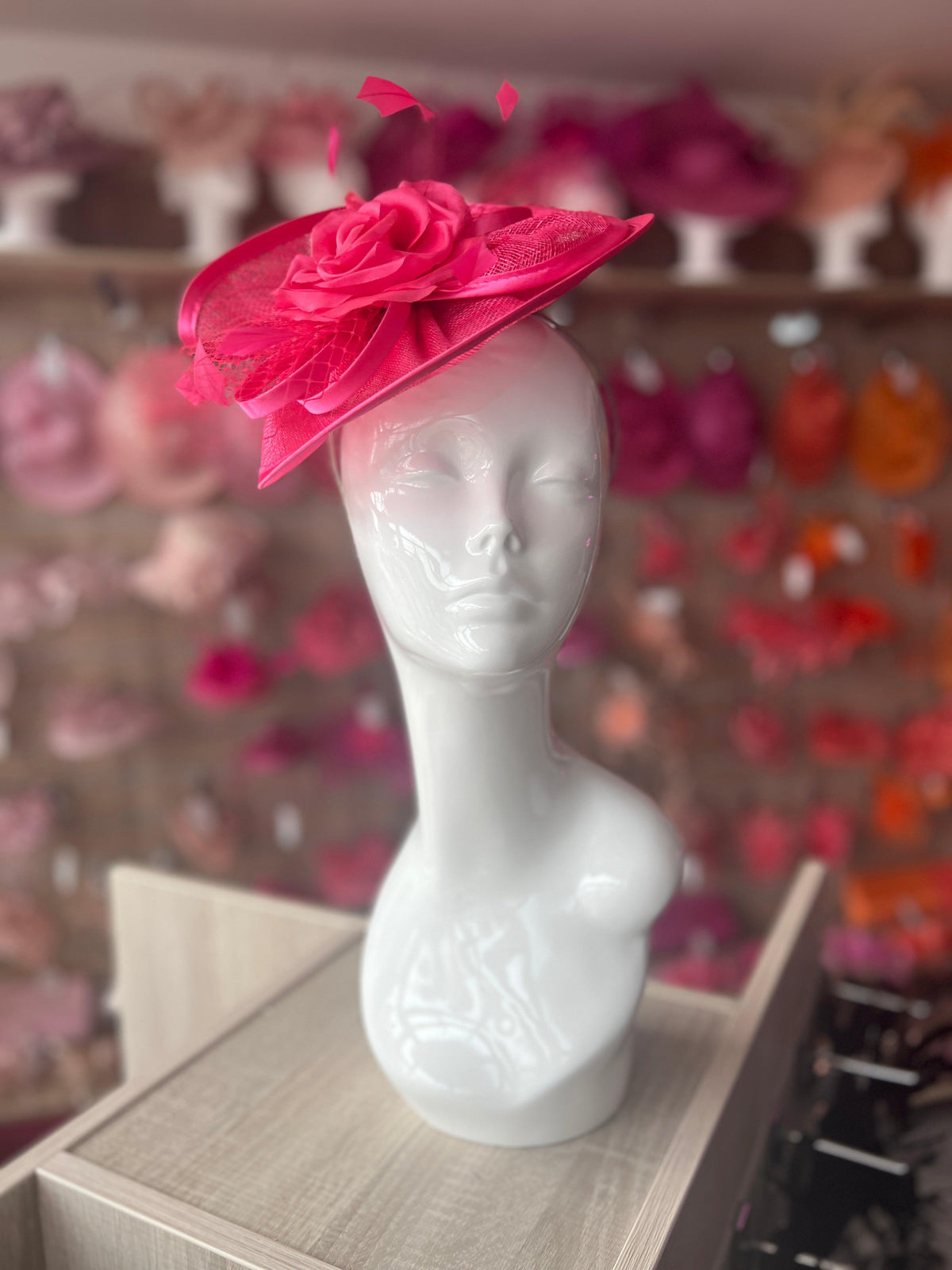 Cerise Disc Fascinator with Fabric Rose &amp; Netting-Fascinators Direct